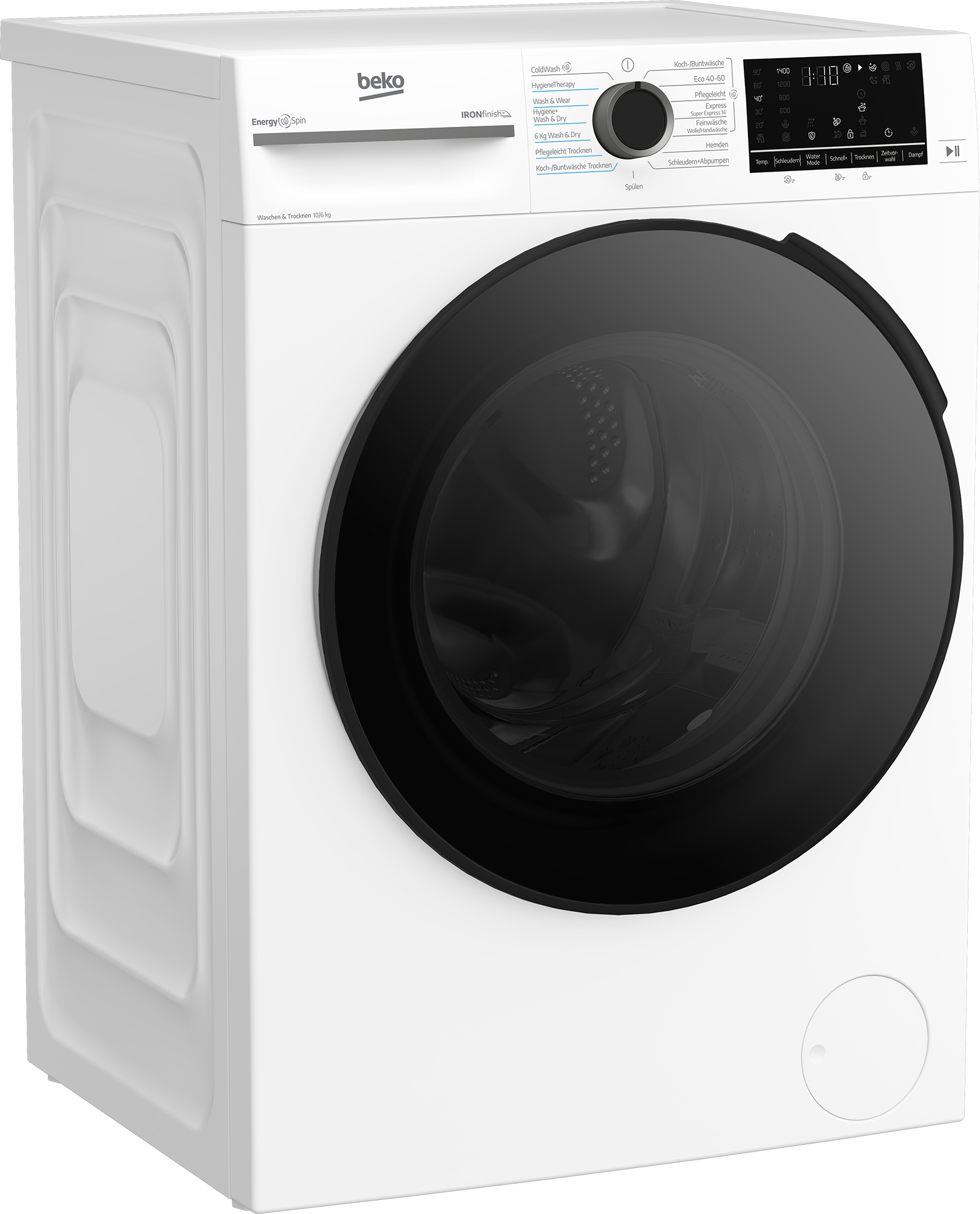 Eine weiße Beko Waschmaschine mit schwarzer Tür und Bedienfeld.