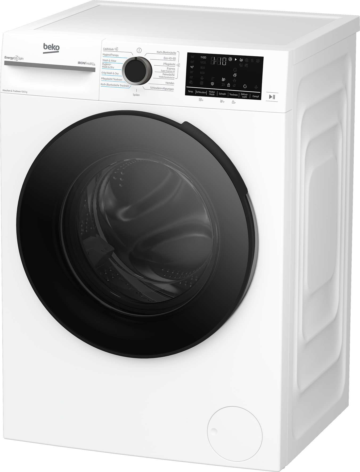 Eine weiße Beko Waschmaschine mit schwarzer Tür und Bedienfeld.