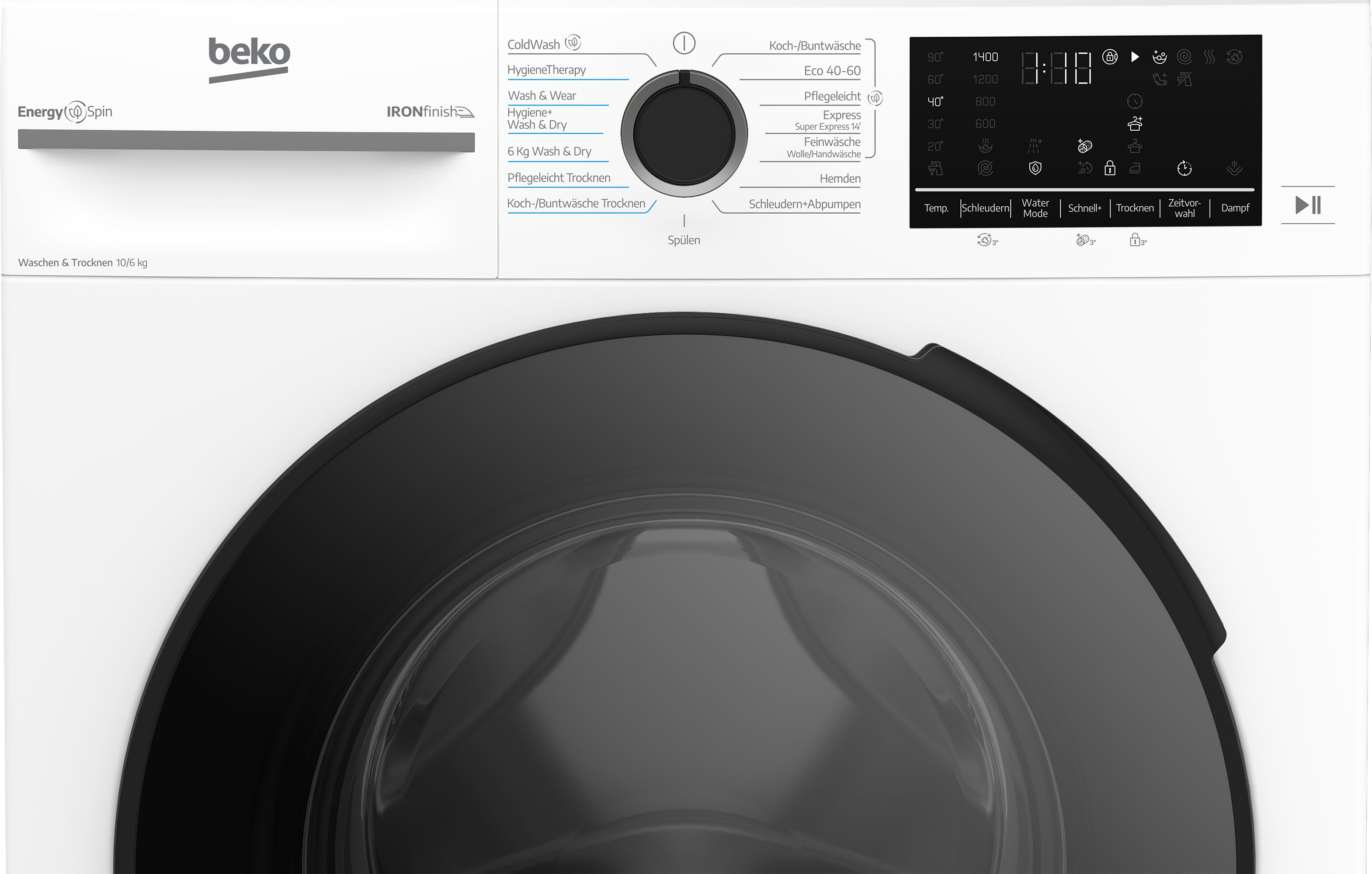 Eine weiße Beko Waschmaschine mit schwarzer Tür und Bedienfeld mit Programmauswahl.