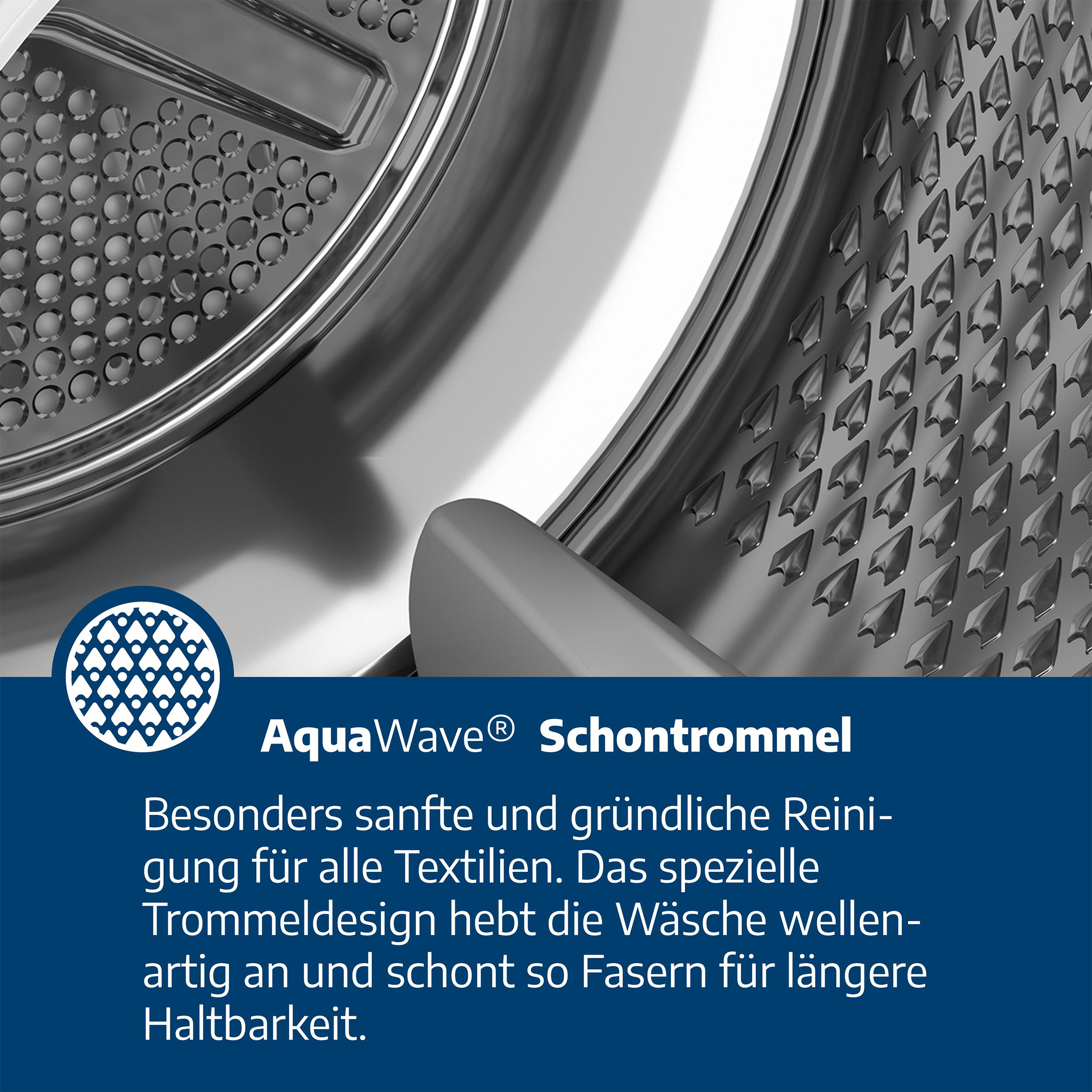 Nahaufnahme der Trommel einer Waschmaschine mit AquaWave-Logo.