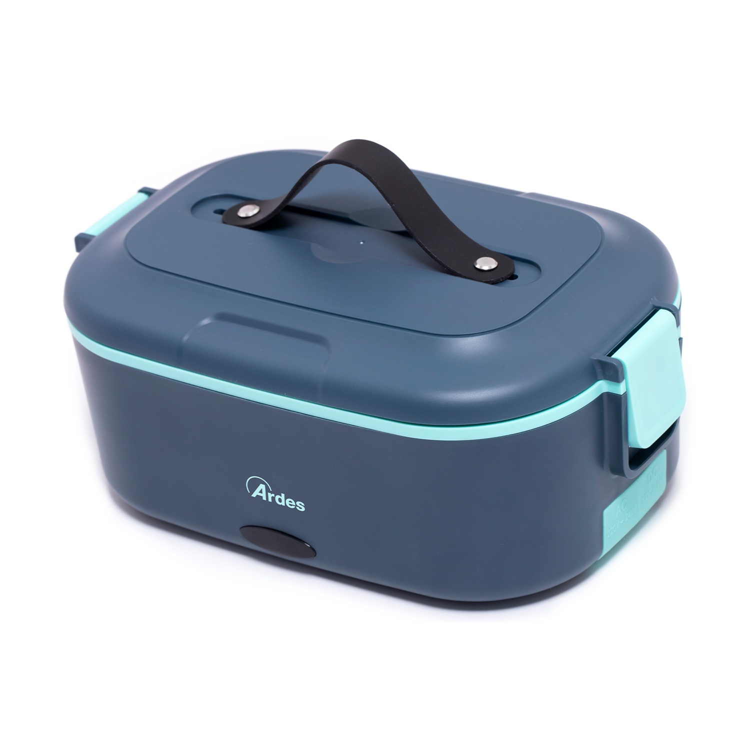 Lunchbox grigia con manico e accenti turchesi, su sfondo bianco.