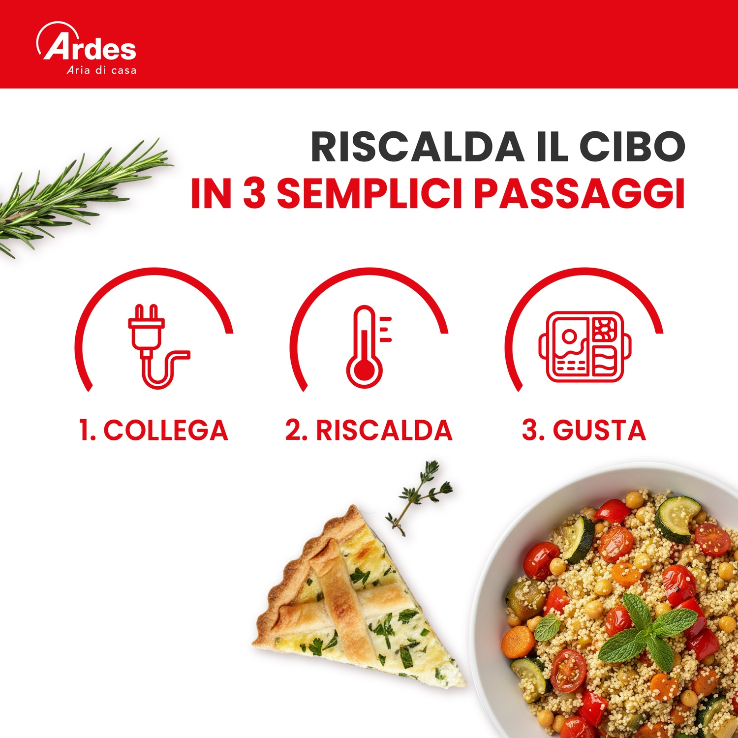 Istruzioni per riscaldare il cibo in 3 semplici passaggi: collega, scalda, gusta.