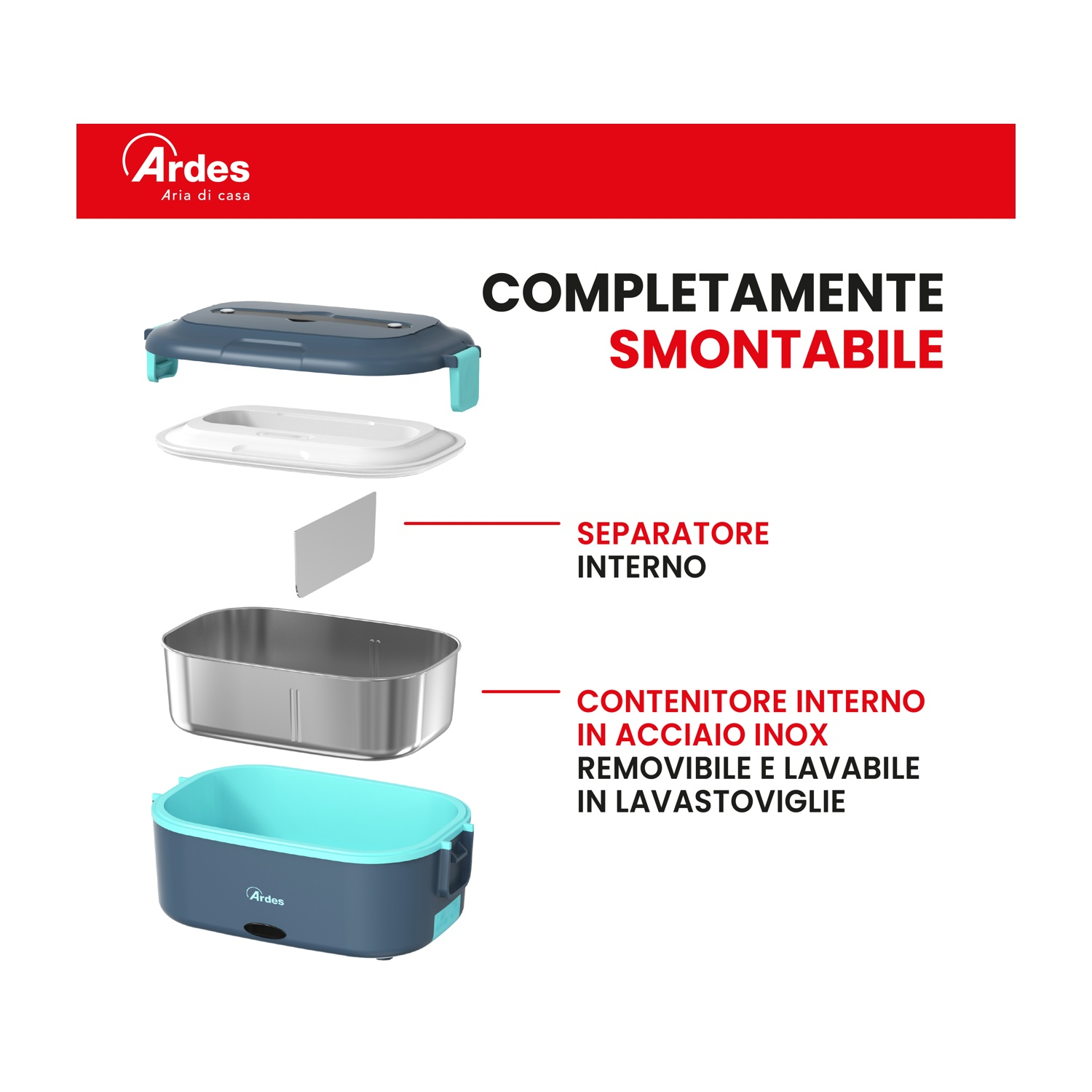 Lunchbox smontabile: coperchio, separatore e contenitore inox.