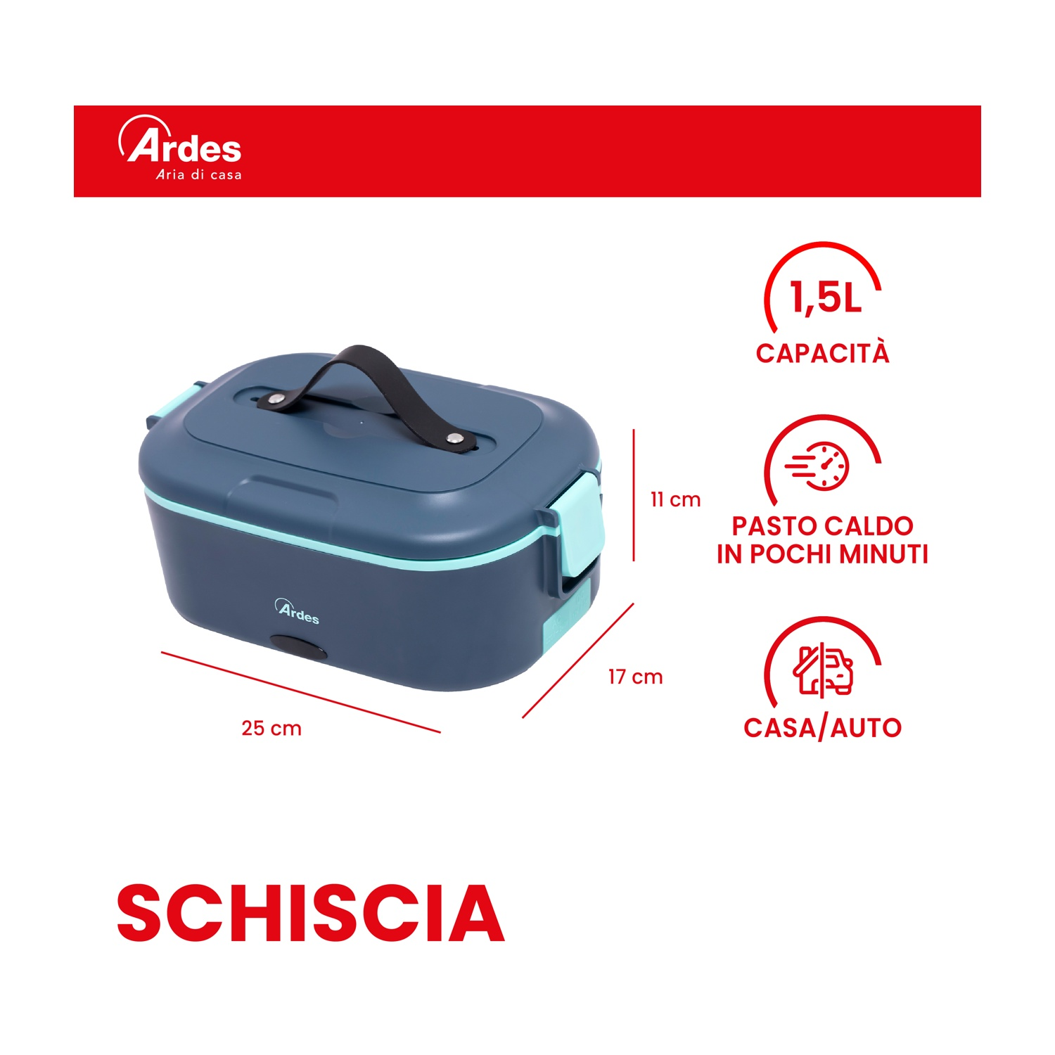 Portapranzo blu Ardes, 25x17x11 cm, capacità 1,5L, per riscaldamento rapido.