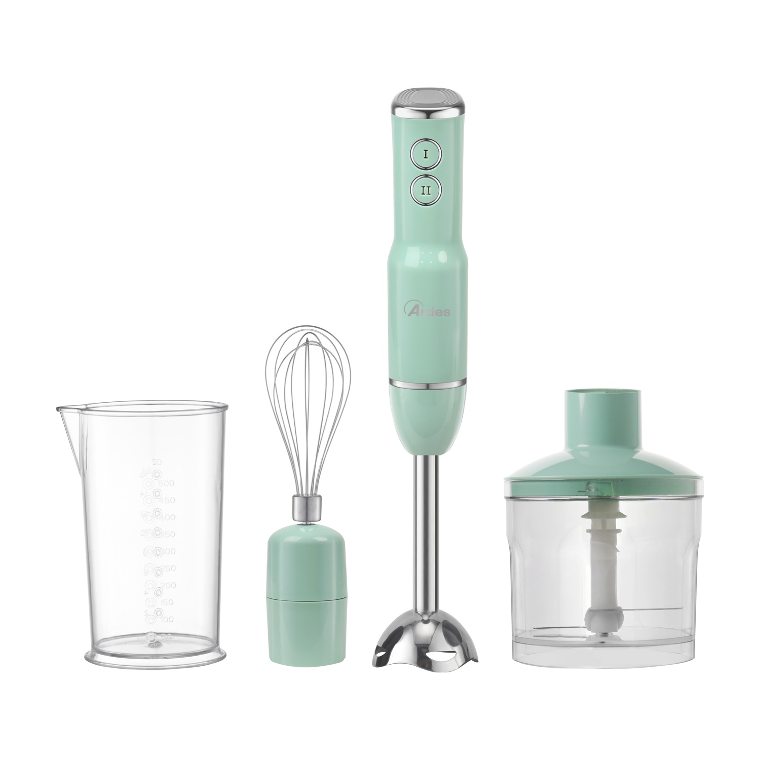Un frullatore a immersione verde menta con accessori: misurino, frusta e tritacarne.
