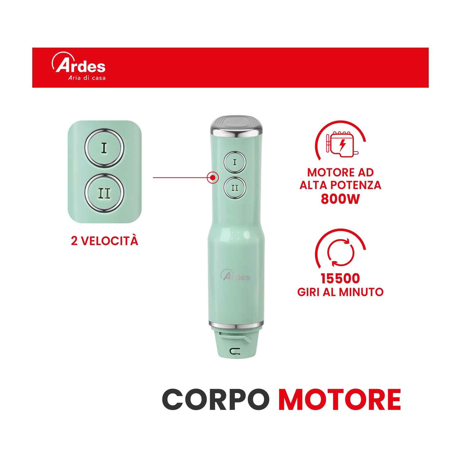 Corpo motore frullatore ad immersione verde menta con tasti I/II. 800W, 15500 giri.