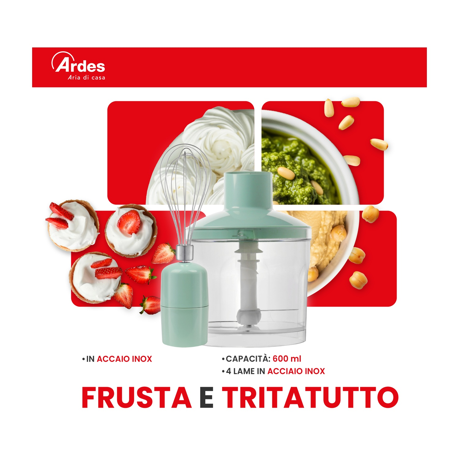 Frullatore a immersione verde con frusta, crostatine, pesto e hummus.