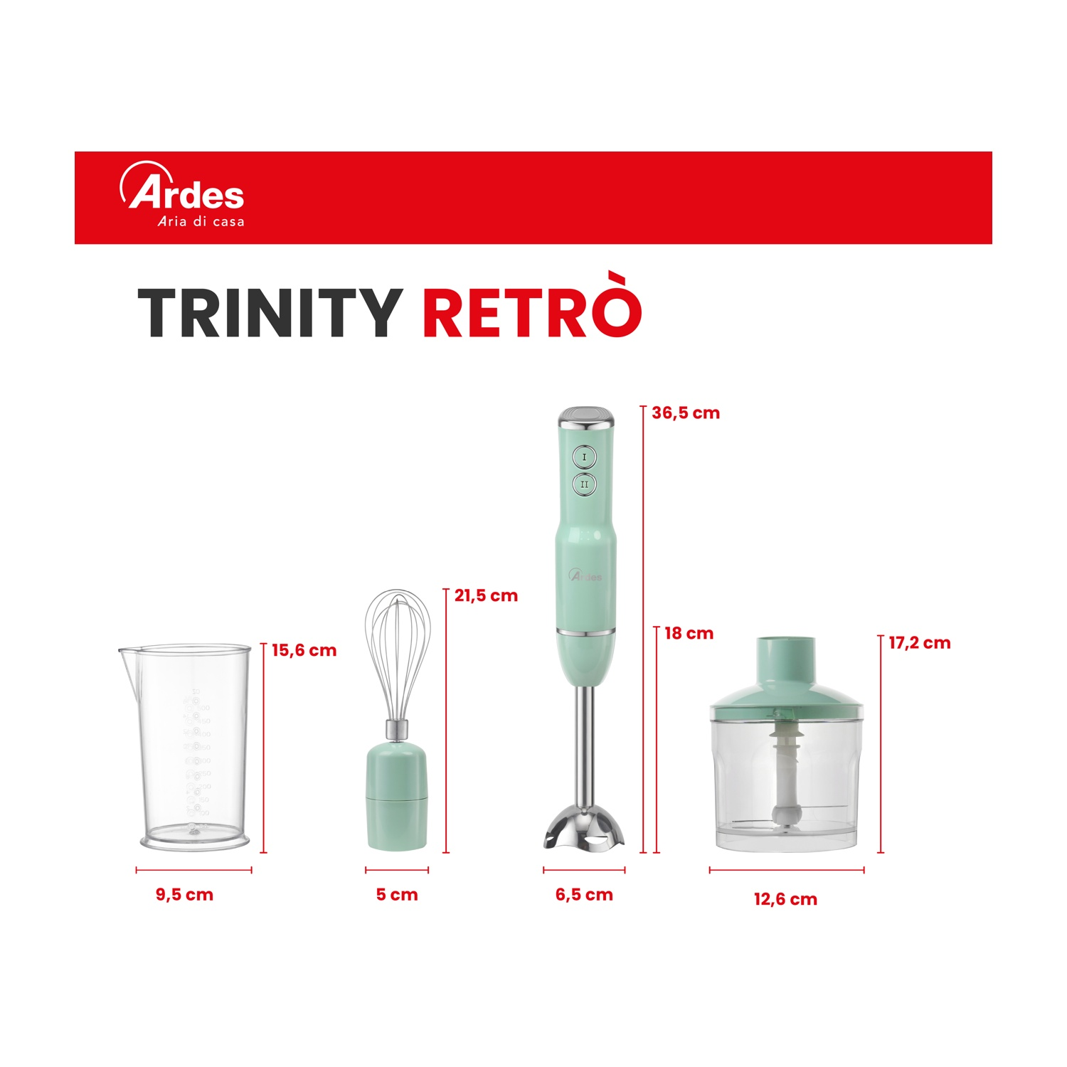 Un frullatore a immersione verde menta con accessori: misurino, frusta e tritatutto.