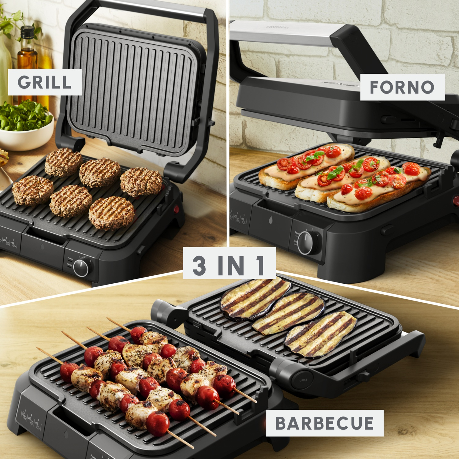 Un grill 3 in 1 che mostra hamburger, bruschette, spiedini e melanzane grigliate.