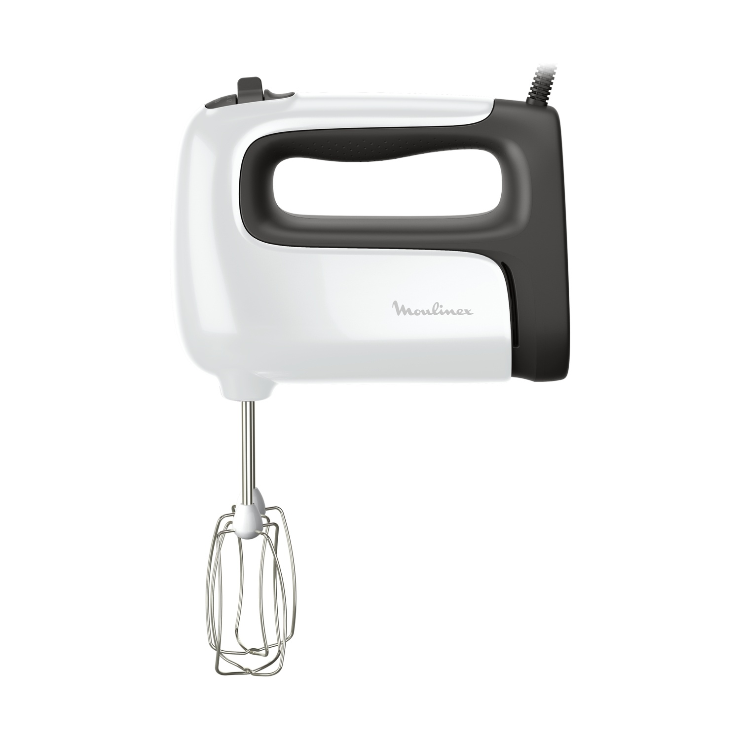 Un frullatore a mano Moulinex bianco con manico nero e fruste.