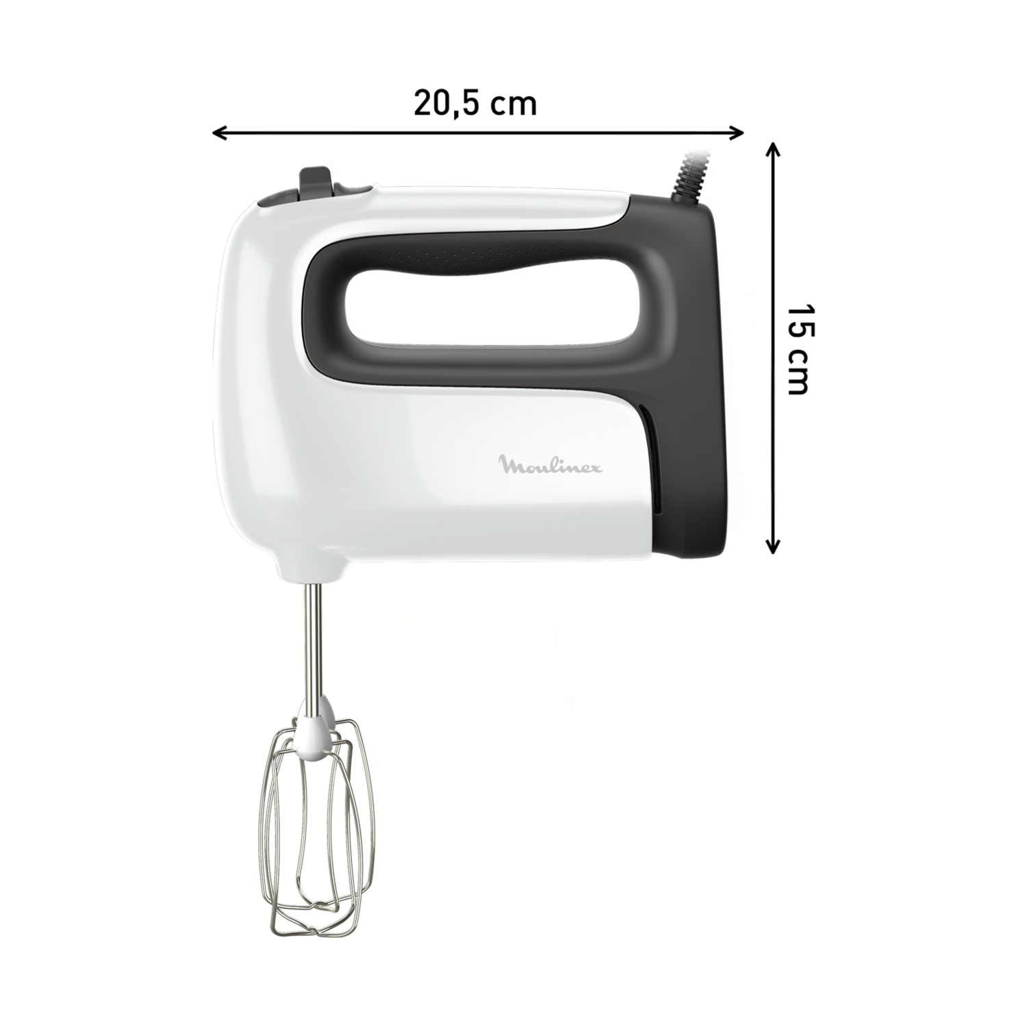 Un frullatore Moulinex bianco con manico nero, lungo 20,5 cm, alto 15 cm.