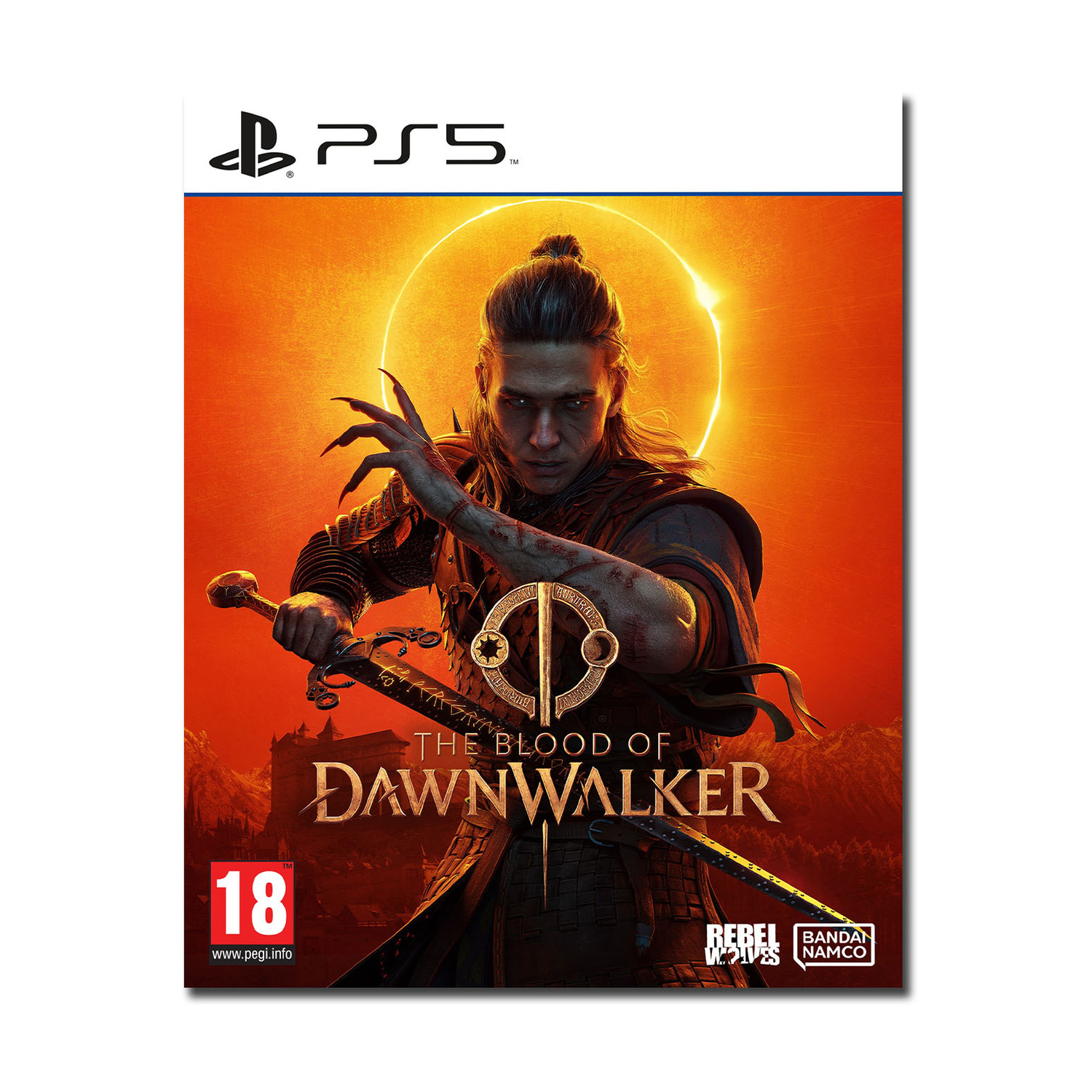 Un uomo con spada su sfondo luminoso simile al sole. Gioco PS5.