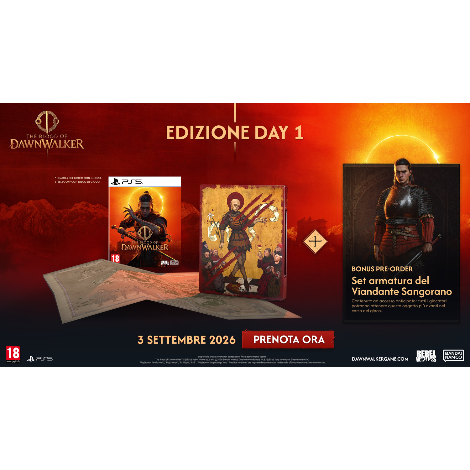 The Blood of Dawnwalker Edizione Day 1 PS5, Steelbook e bonus armatura pre-ordine.