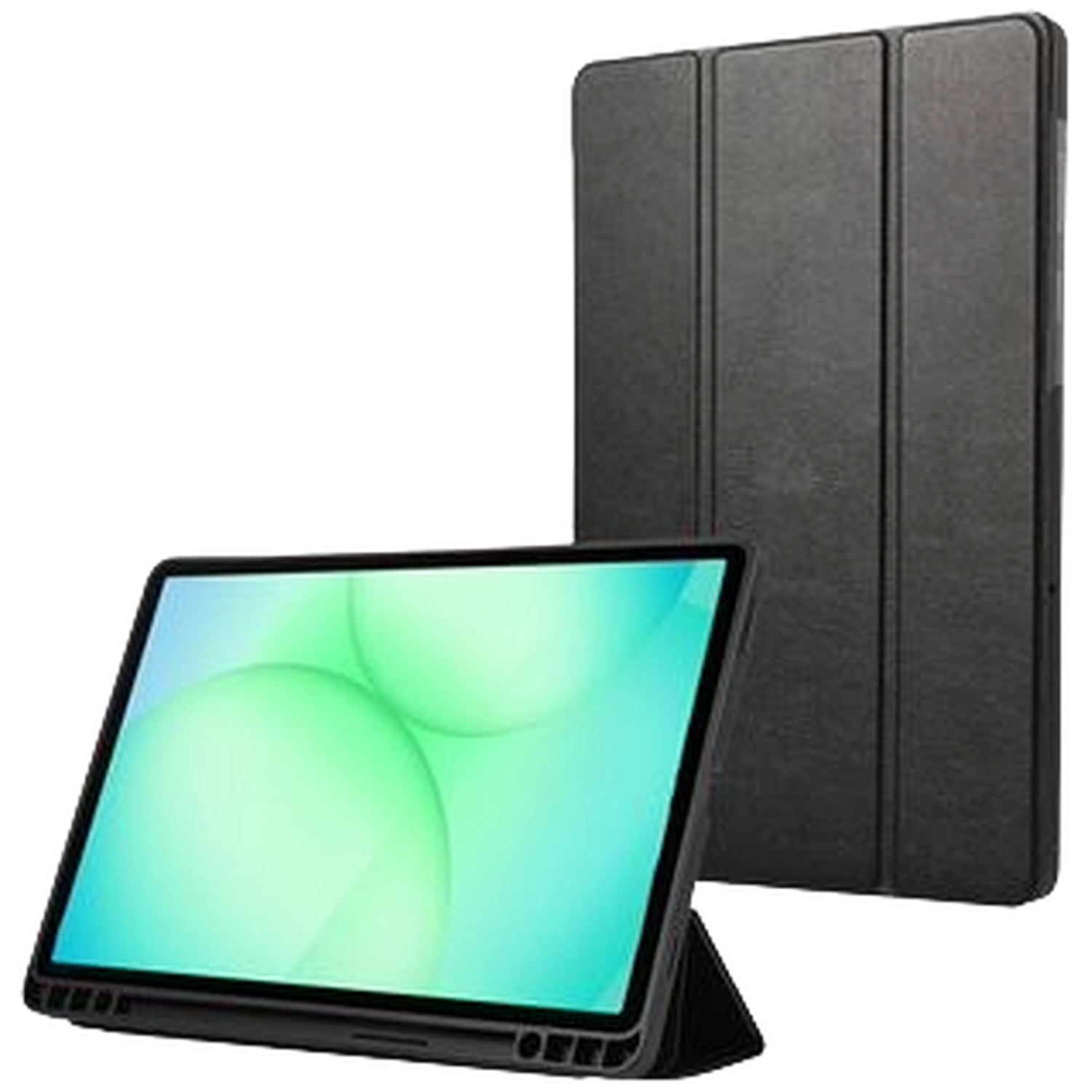Une tablette noire sur un support avec un étui en arrière-plan.
