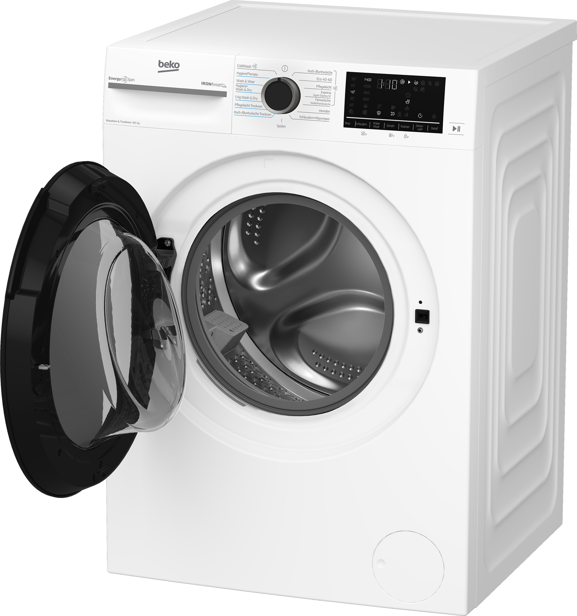Eine weiße Waschmaschine mit geöffneter schwarzer Tür und silberner Trommel.