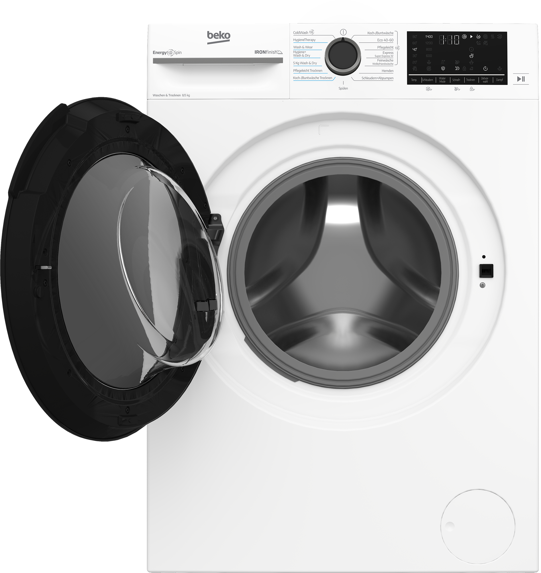 Weiße Beko Waschmaschine mit offener Tür, Trommel und Bedienfeld.