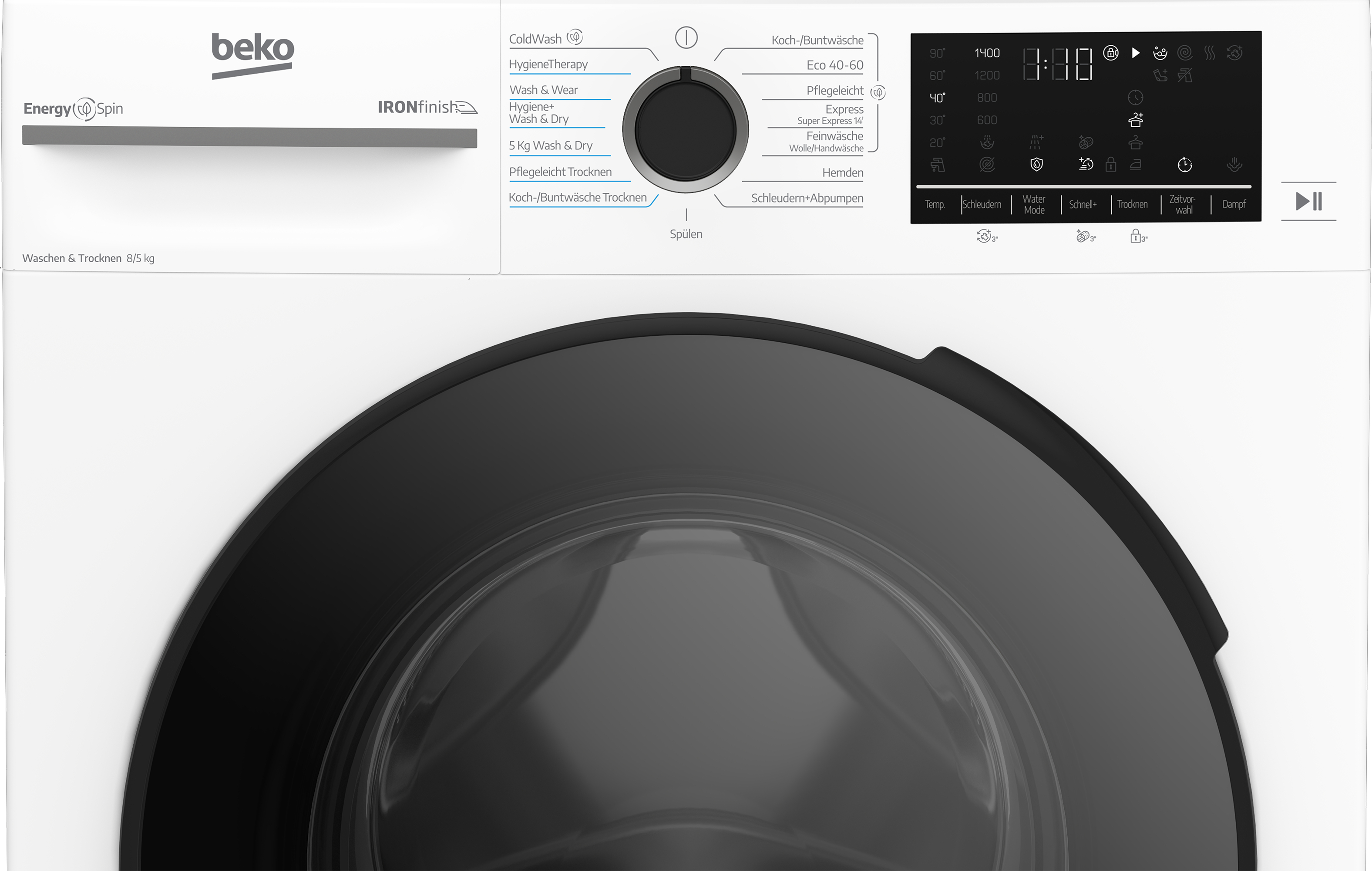 Beko Waschmaschine mit Bedienfeld und Drehrad für Programme. Zeigt 8kg Wäsche/5kg Trockenkapazität.