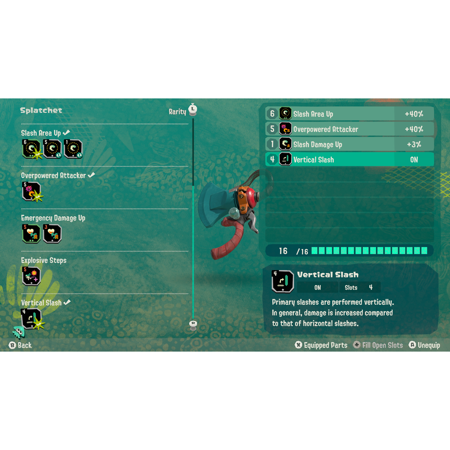 Spelmenu toont wapenupgrades: Slash Area Up, Overpowered Attacker, Vertical Slash.
