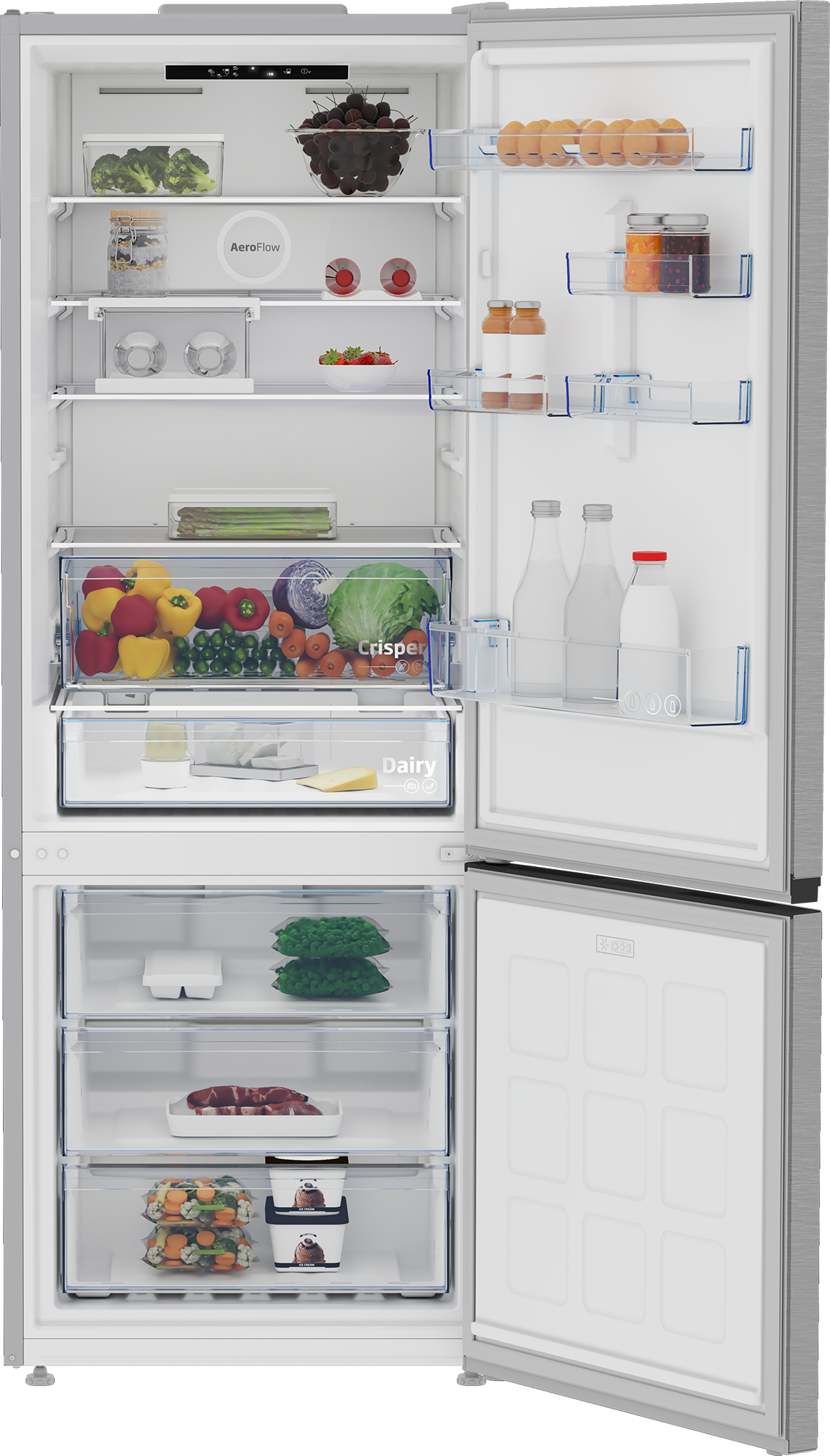 Offener Kühlschrank mit Lebensmitteln: Brokkoli, Kirschen, Eier, Gläser, Flaschen, Obst, Gemüse, Milchprodukte, Fleisch, Tiefkühlkost.