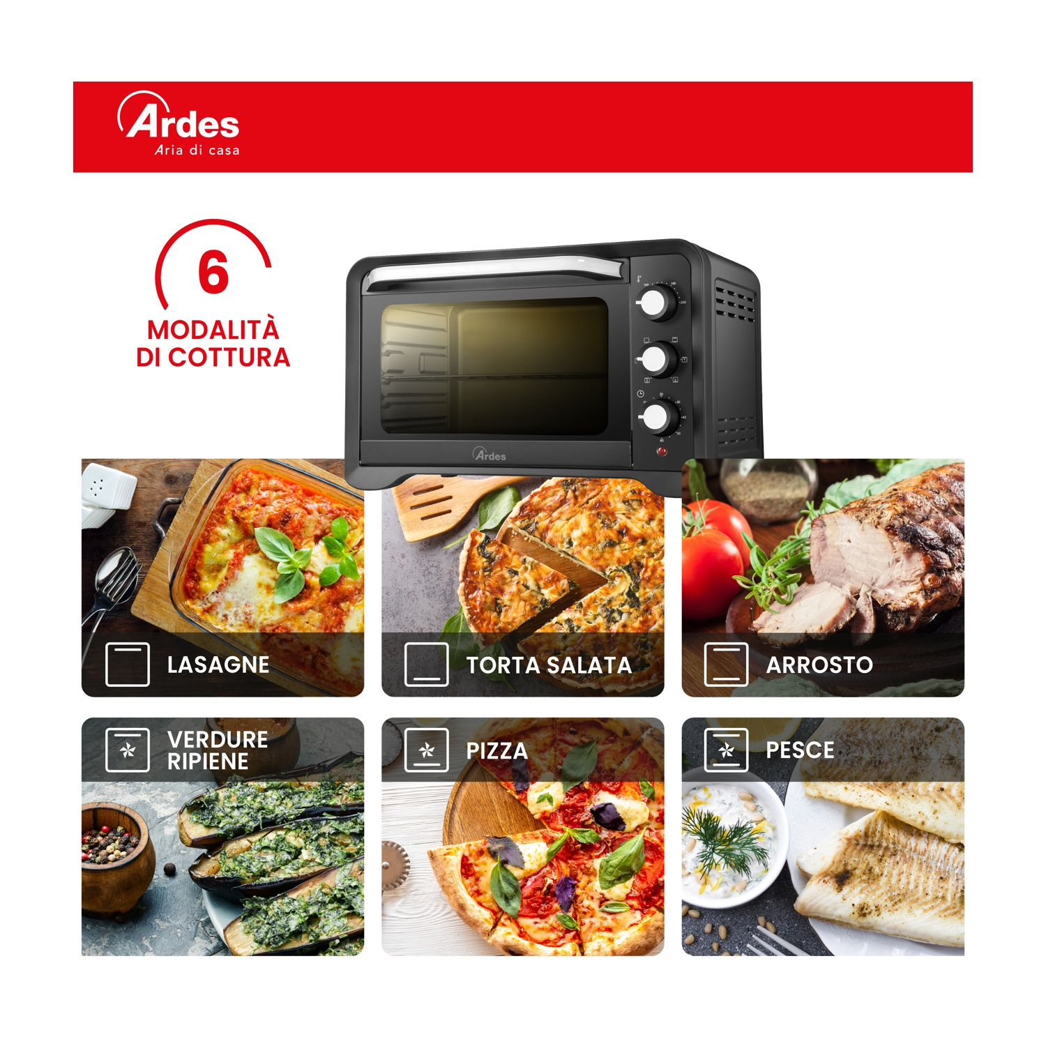 Forno nero Ardes con 6 modalità di cottura, mostra lasagne, torta salata, arrosto, verdure ripiene, pizza, pesce.