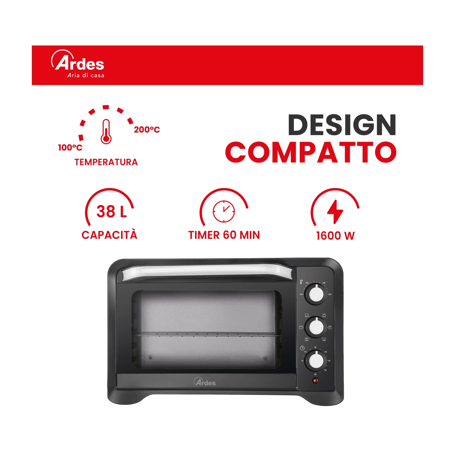 Forno Ardes nero: 38L, 1600W, 100-200°C temp, timer 60 min. Design compatto.