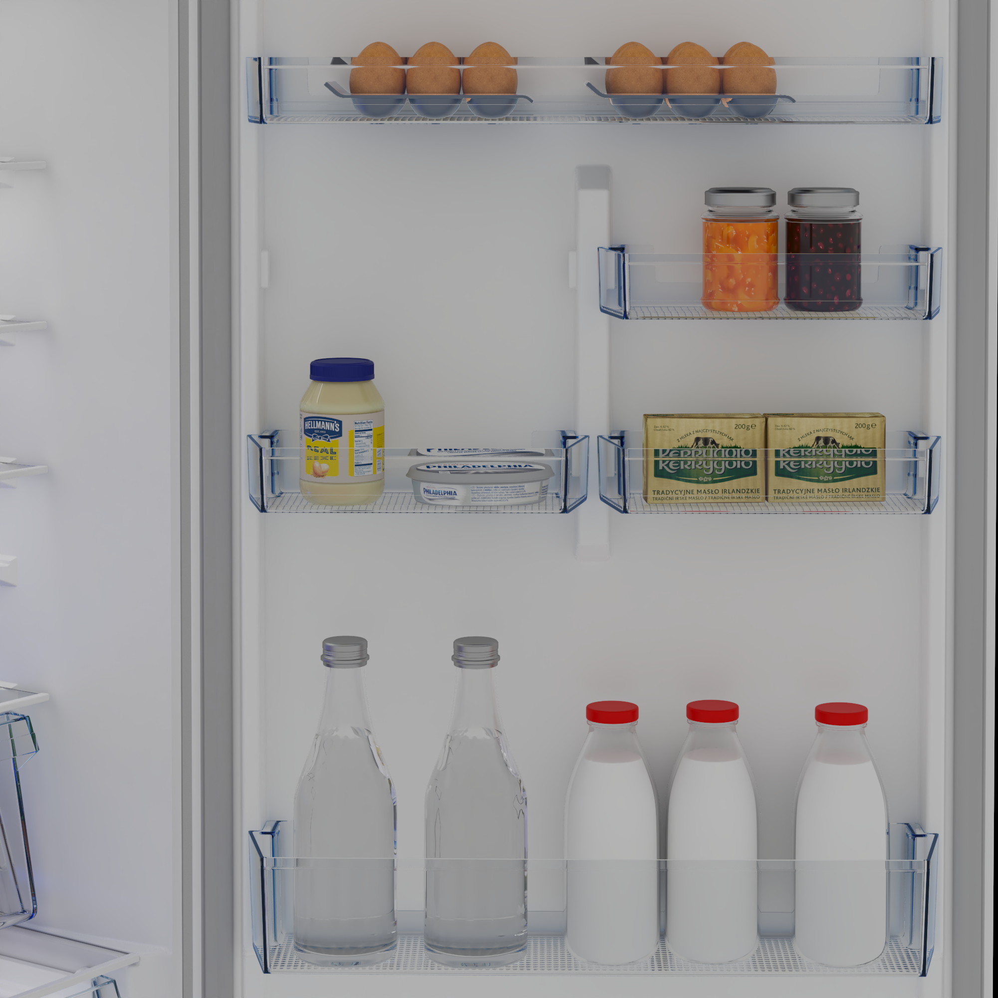 Kühlschrankregale mit Eiern, Marmelade, Mayonnaise, Frischkäse, Butter und Milch.