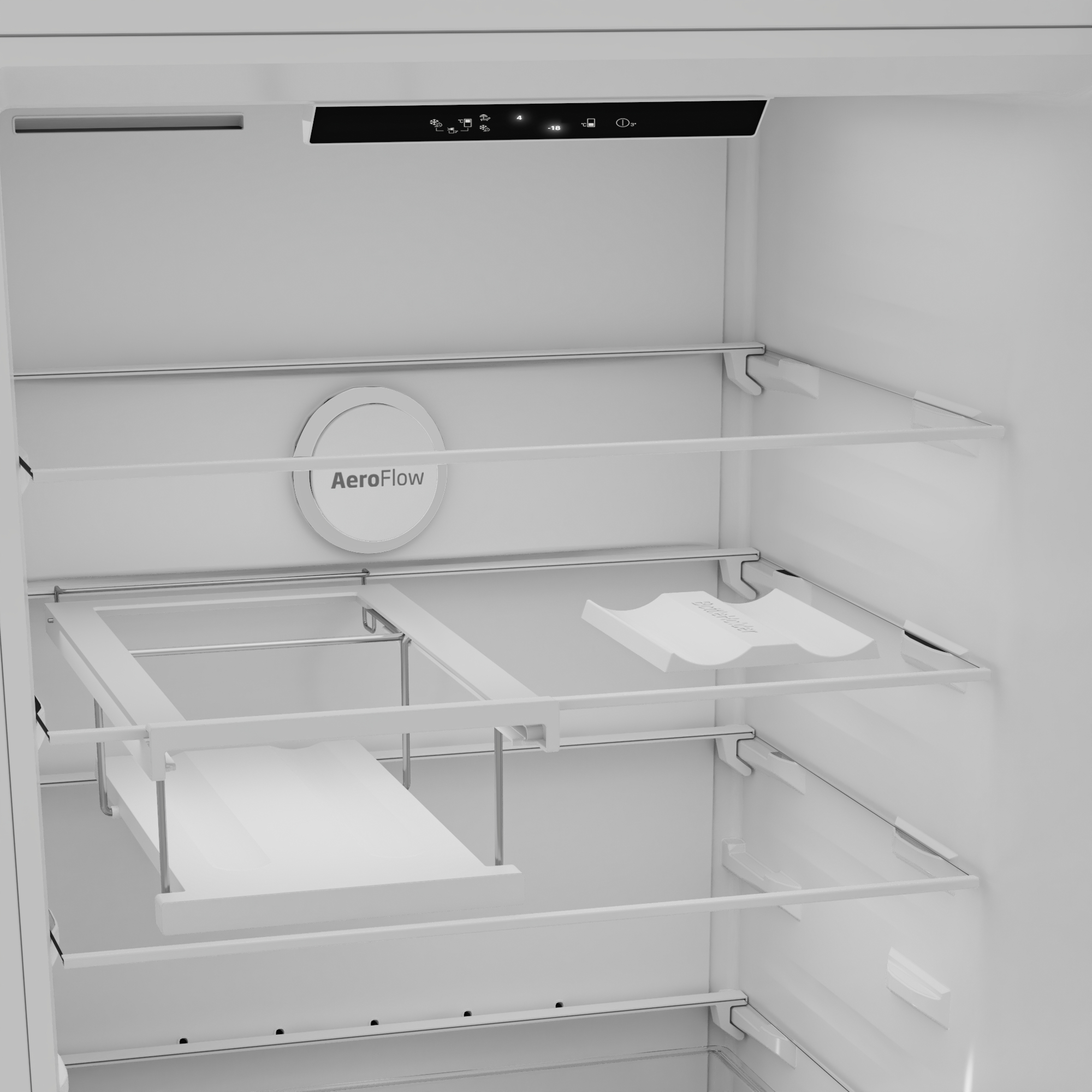 Leerer Kühlschrank mit Regalen, einer Flaschenablage und einem AeroFlow-Symbol.