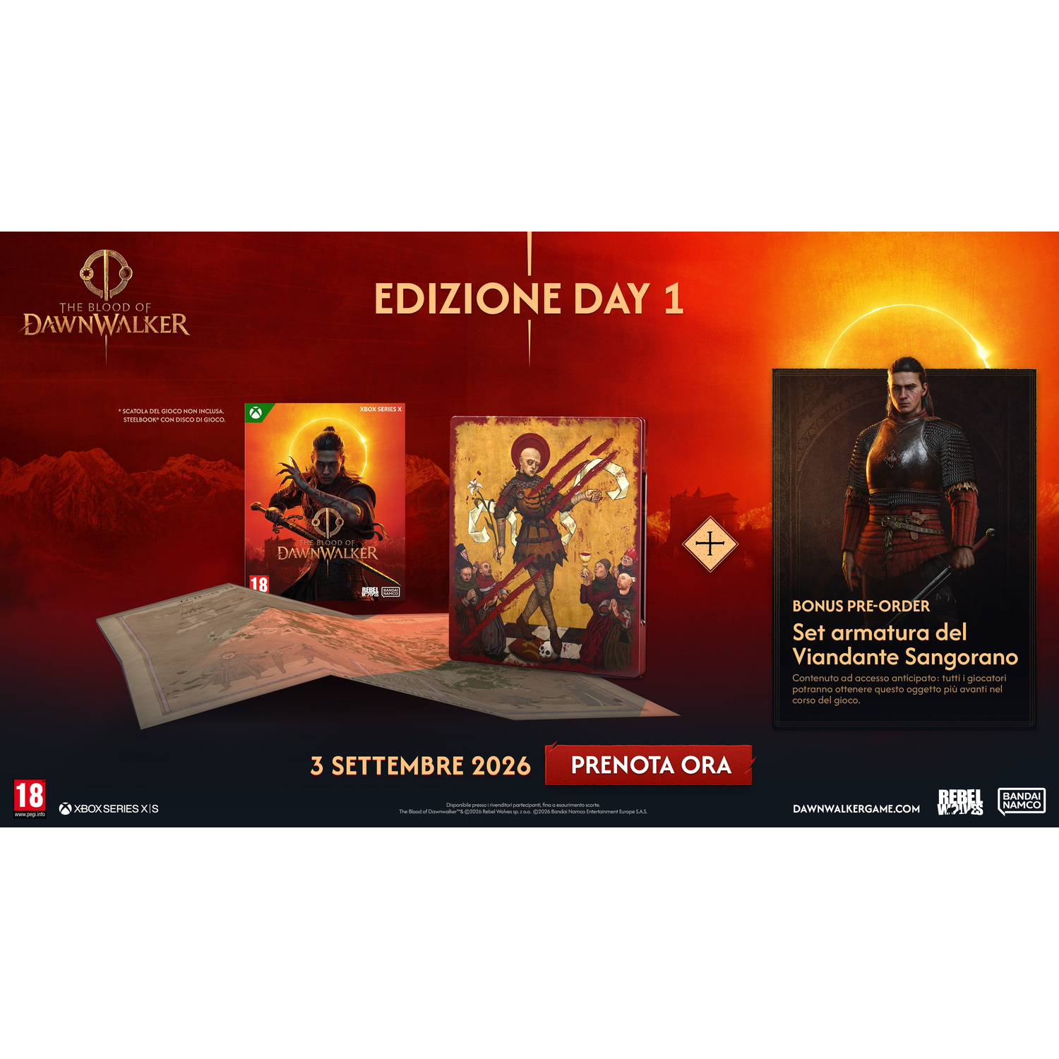 Il gioco "The Blood of Dawnwalker" Edizione Day 1 con confezione Xbox, steelbook e bonus pre-ordine.
