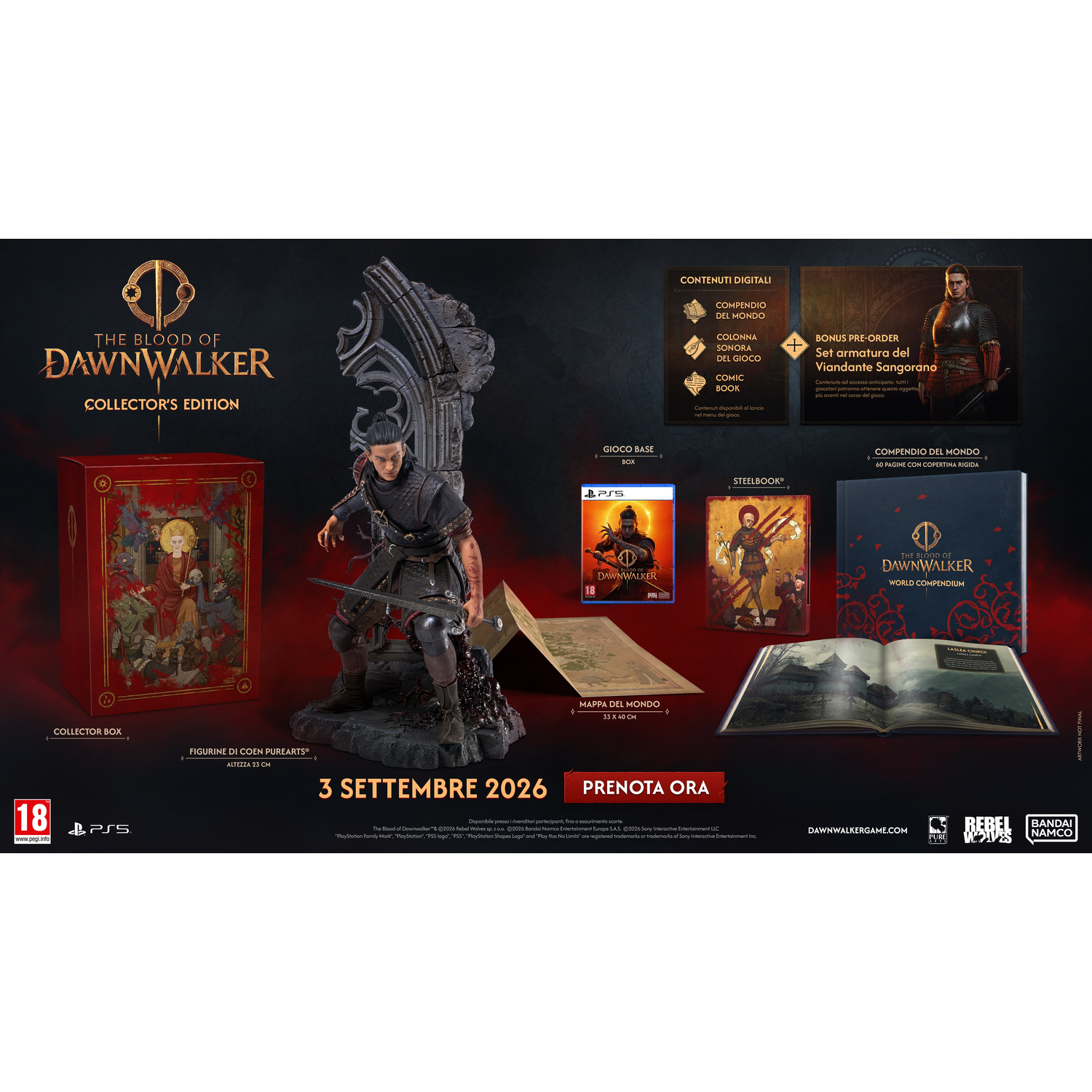 Edizione Collezionista di 'The Blood of Dawnwalker' con statuetta, steelbook, gioco, compendio e altro.