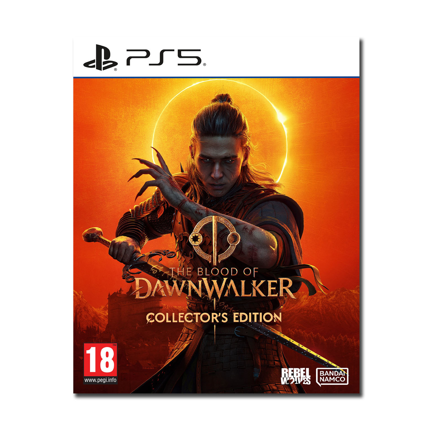 Copertina gioco PS5 con guerriero e spada, cielo arancione. PEGI 18.