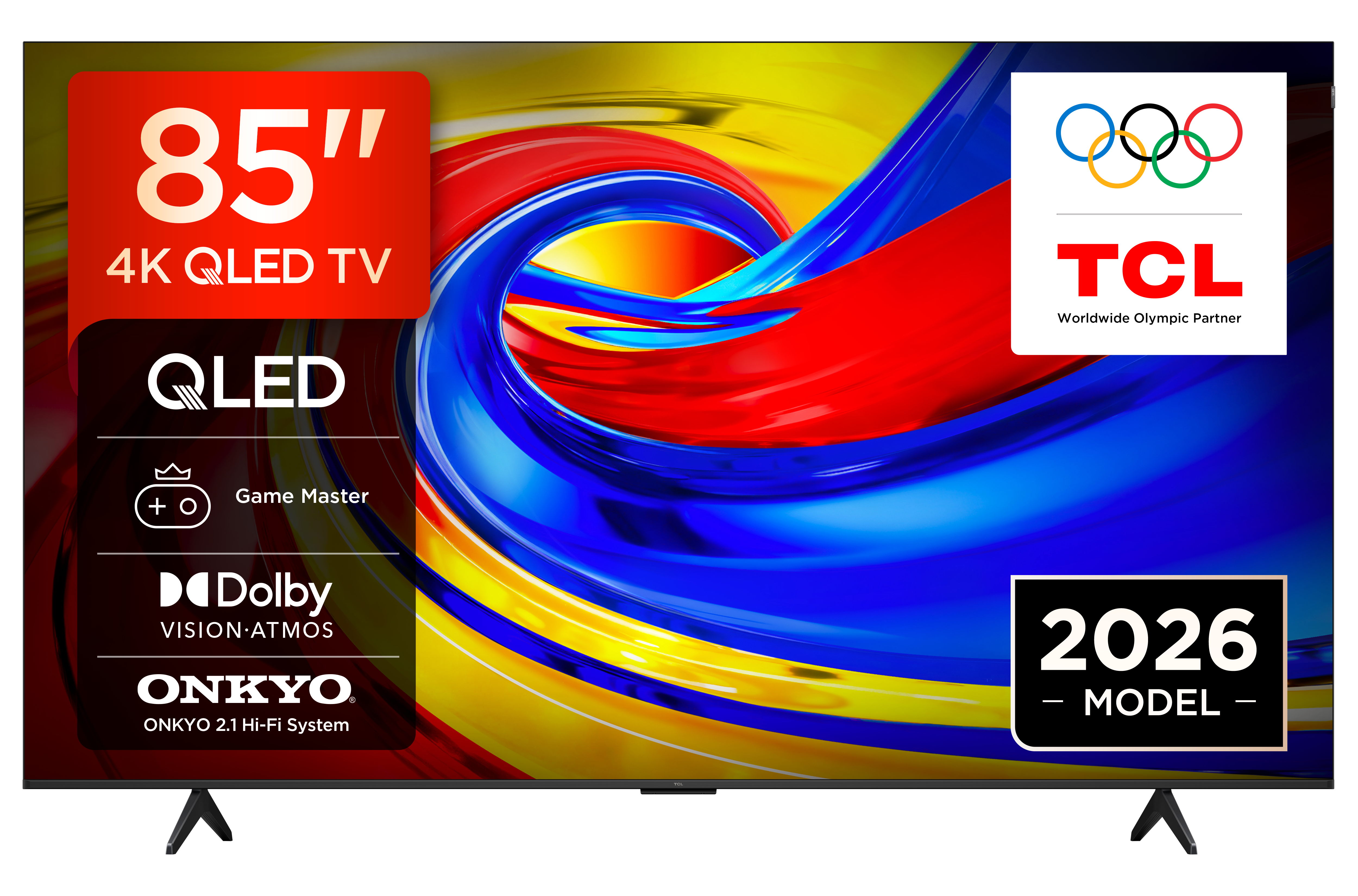 Telewizor QLED 4K 85 cali z kolorową grafiką tła i logo TCL.