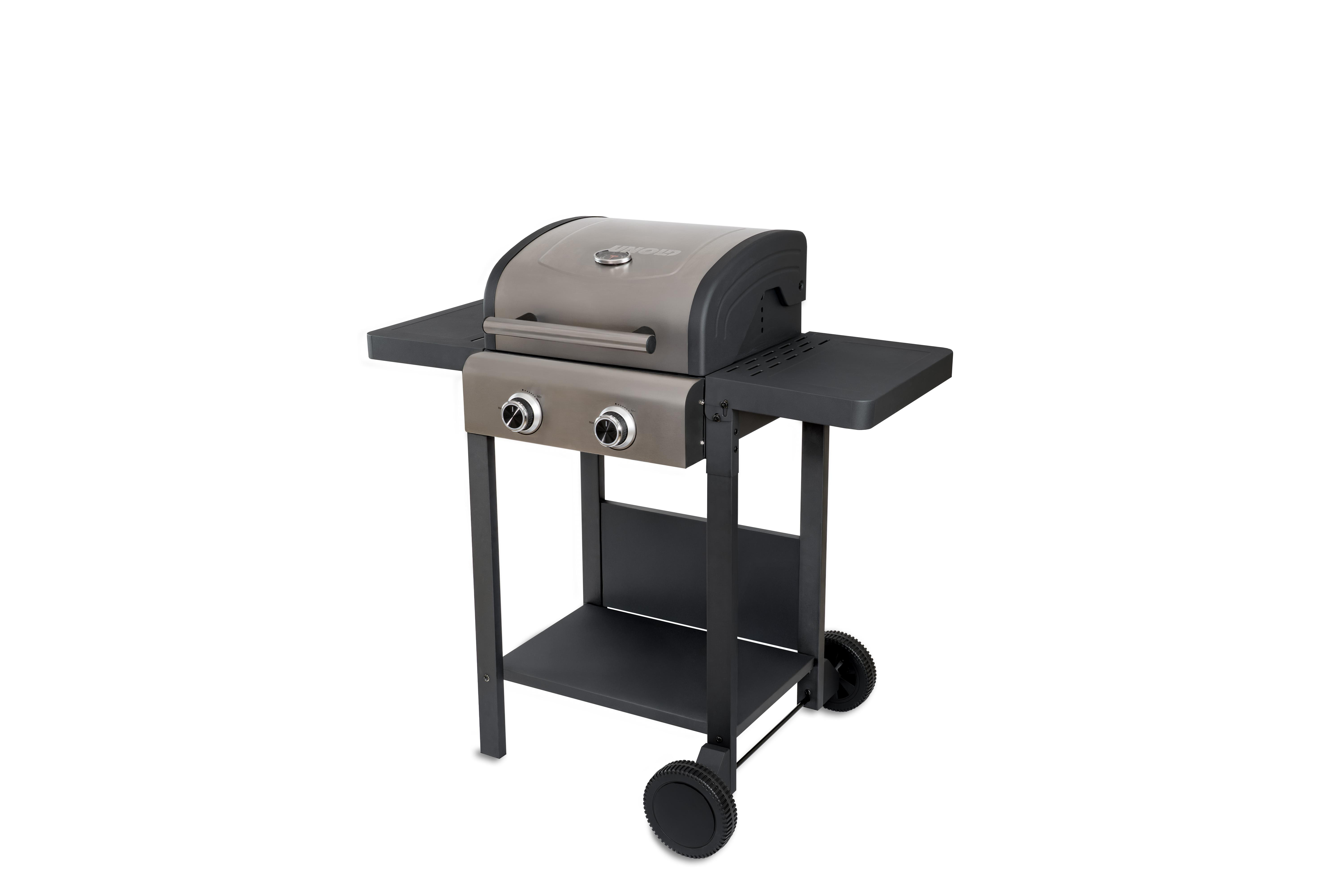 Ein zweistufiger Gasgrill mit zwei Brennern, Ablageflächen und Rädern.