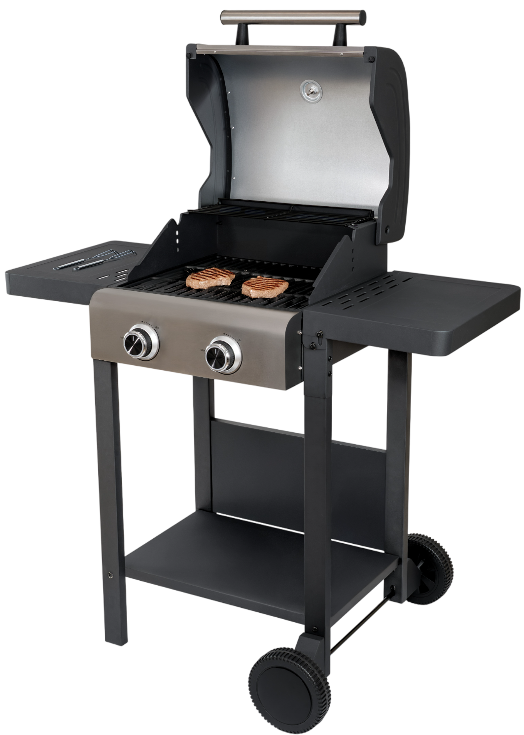 Ein Gasgrill mit zwei Steaks auf dem Rost und offenem Deckel.