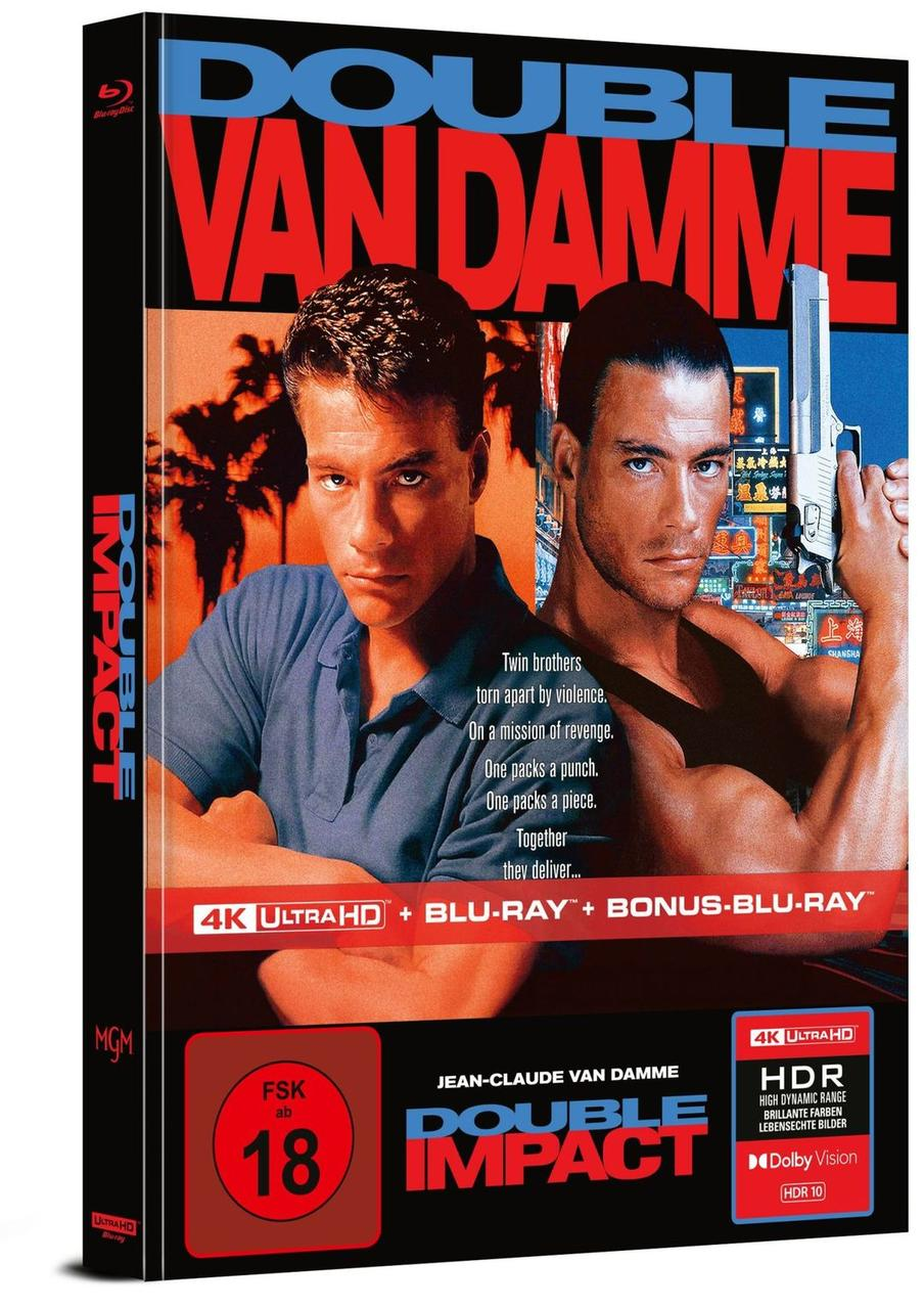 Cover von "Double Impact" mit Jean-Claude Van Damme, der einen Zwilling spielt.