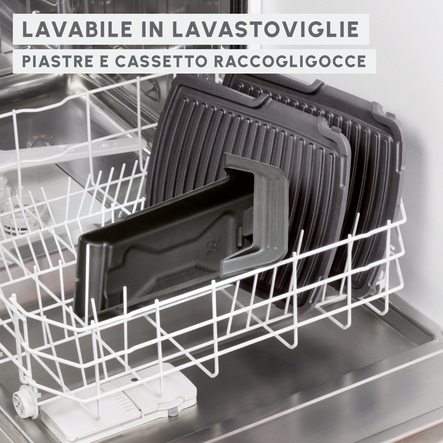 Piastre griglia e vaschetta raccogli gocce in cestello lavastoviglie.