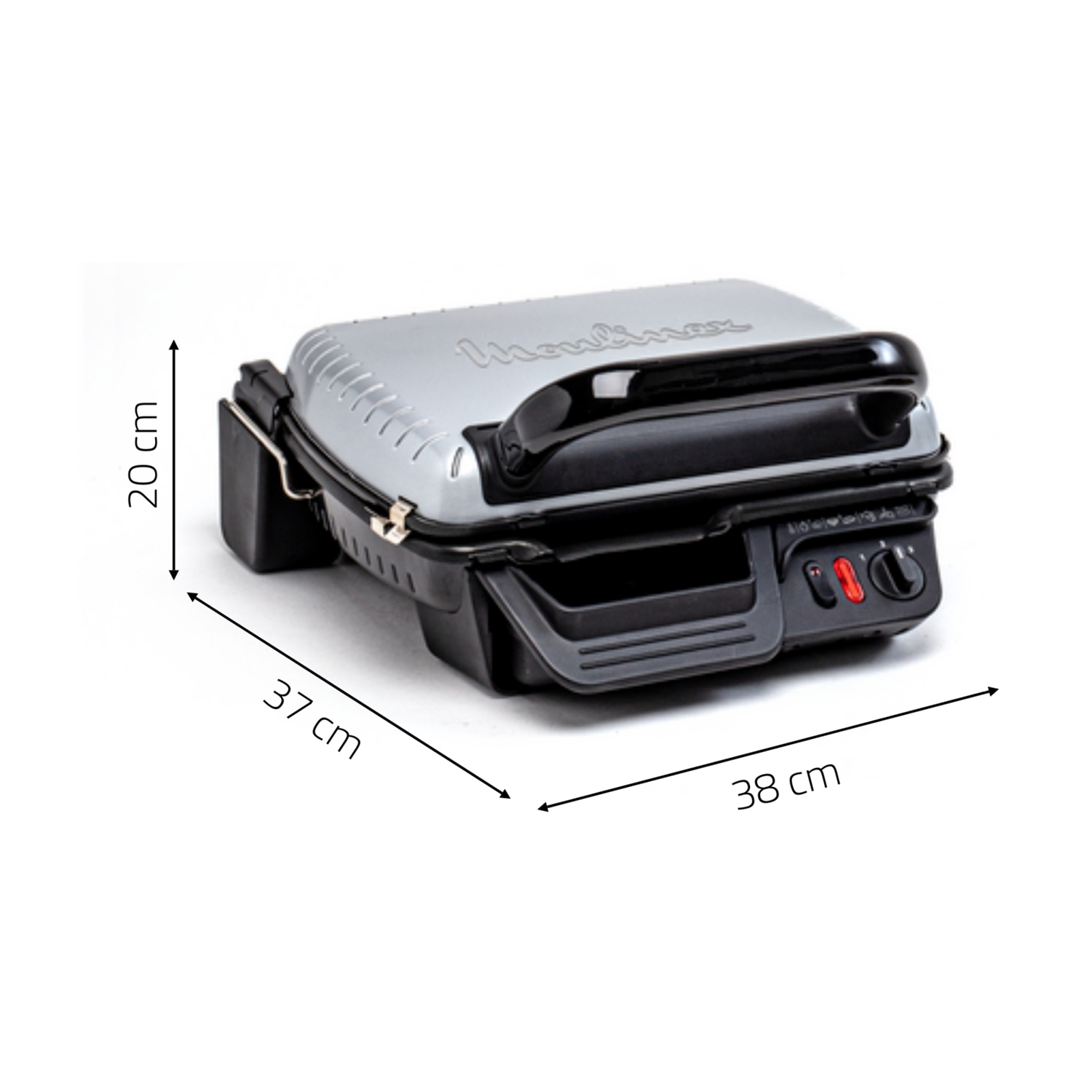 Grill a contatto argentato con manici e controlli neri, dimensioni indicate.