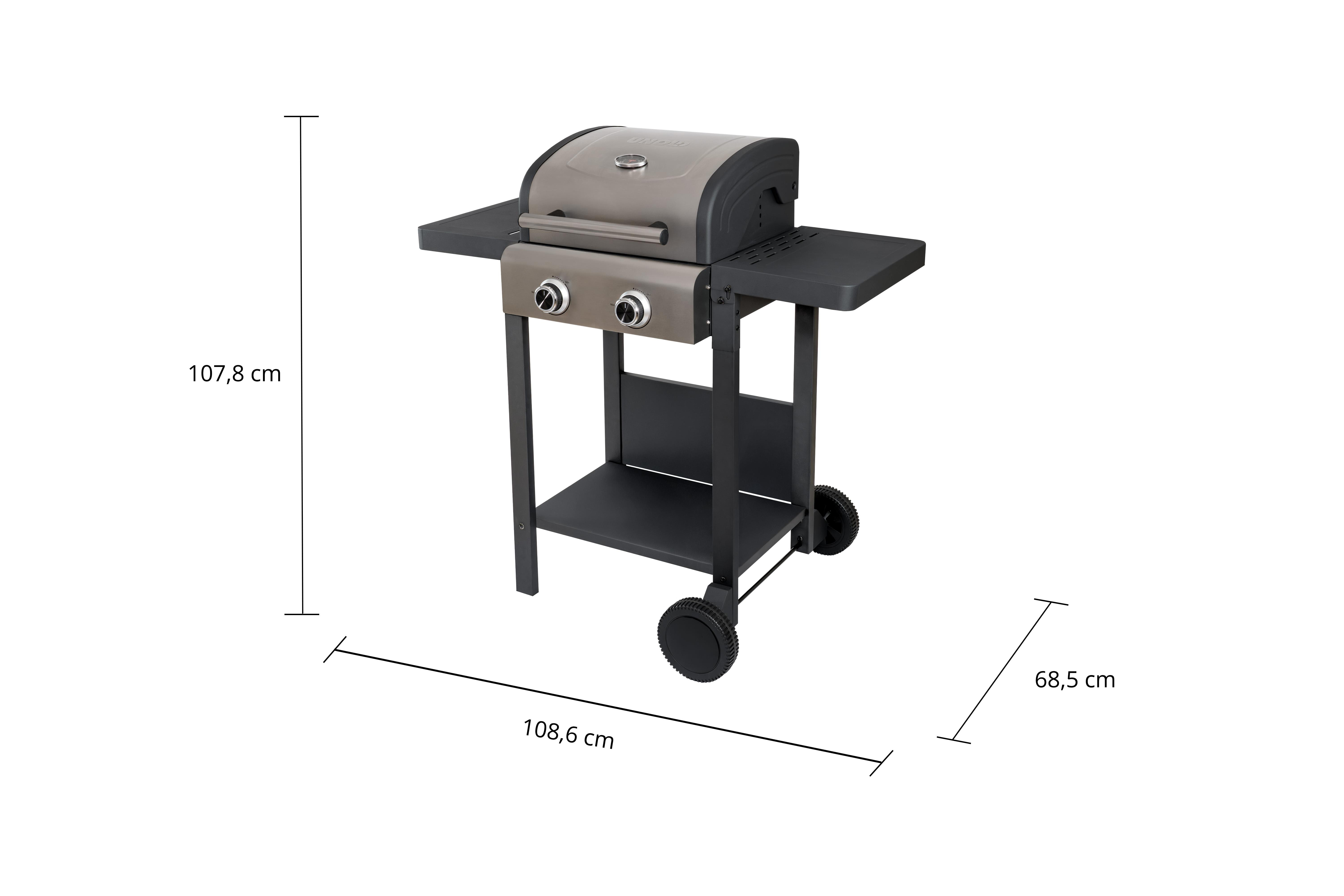 Ein zweiflammiger Grill auf Rädern, mit Ablagen und Temperaturanzeige.
