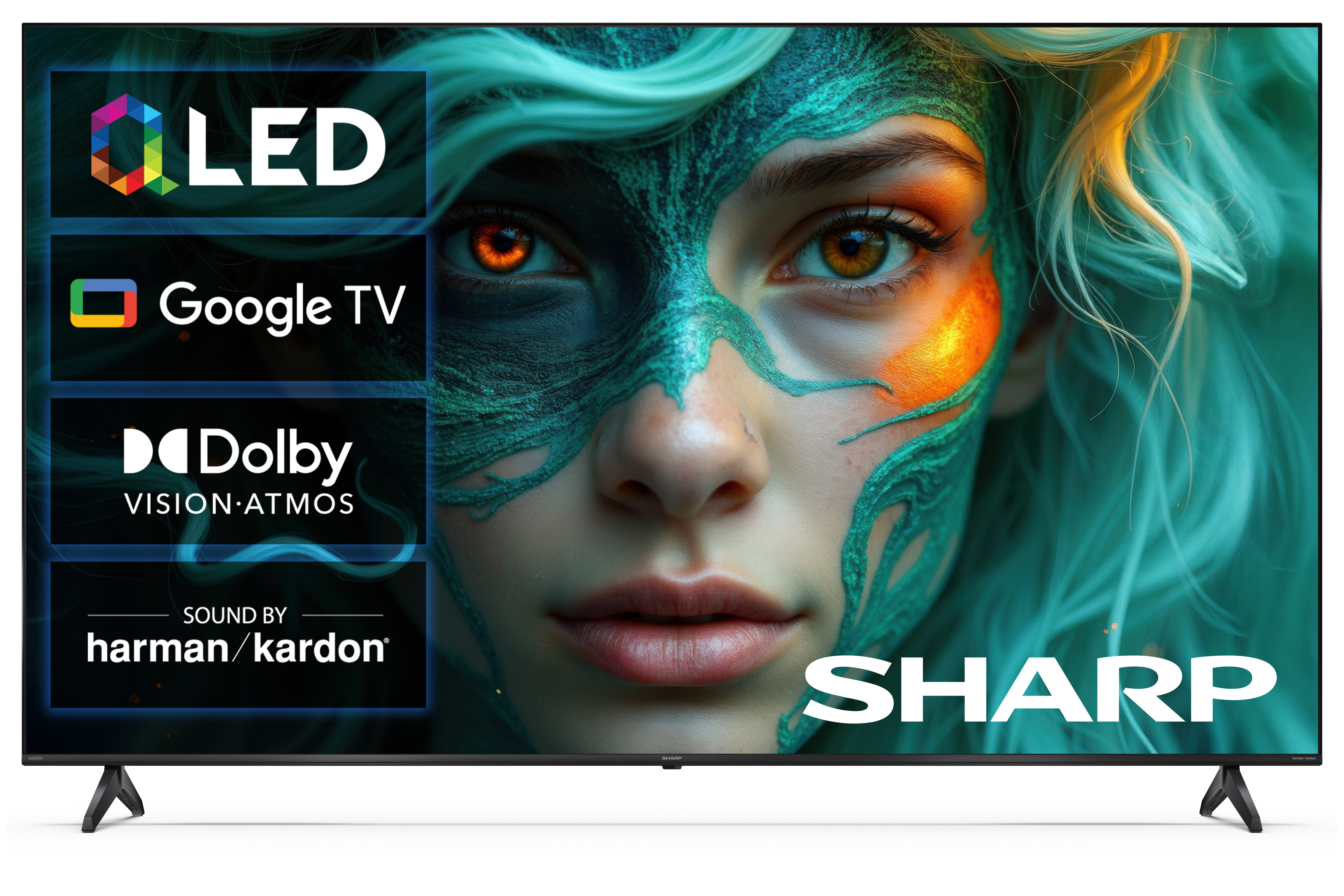 Telewizor z twarzą w turkusowo-pomarańczowym makijażu, logo OLED, Google TV.
