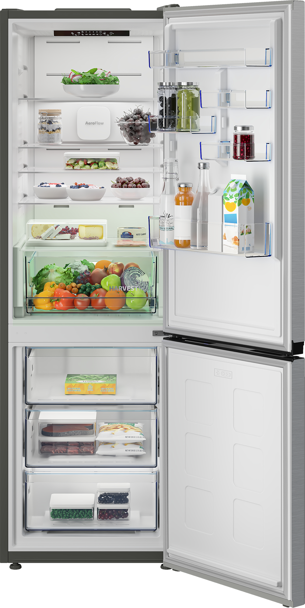 Offener Kühlschrank mit Lebensmitteln: Gemüse, Obst, Getränke, Käse und gefrorene Lebensmittel.