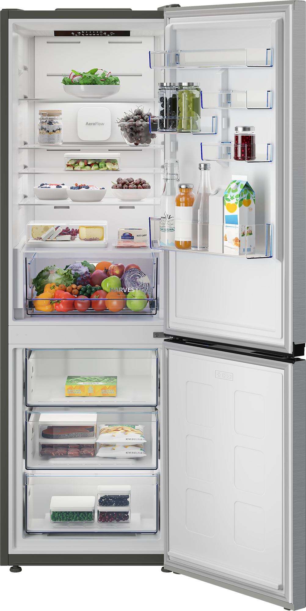Offener Kühlschrank mit Lebensmitteln: Gemüse, Obst, Käse, Getränke und Gefriergut.