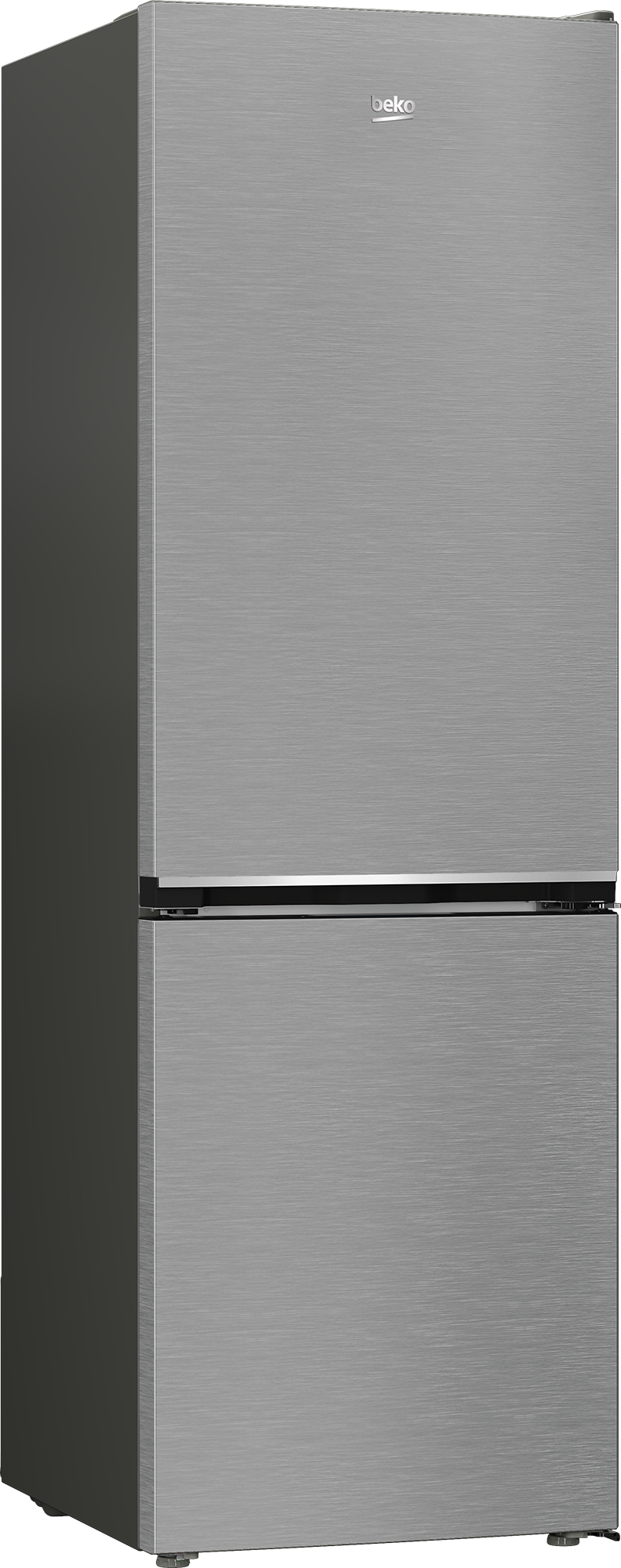 Ein schlanker, silberner Kühlschrank mit zwei Türen und dem Beko-Logo.