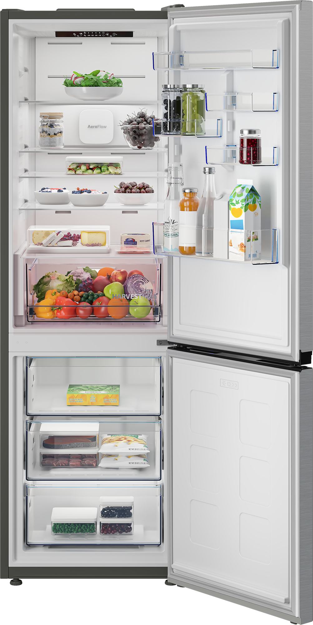 Offener Kühlschrank mit Regalen voller Obst, Gemüse, Gläser und Getränke.