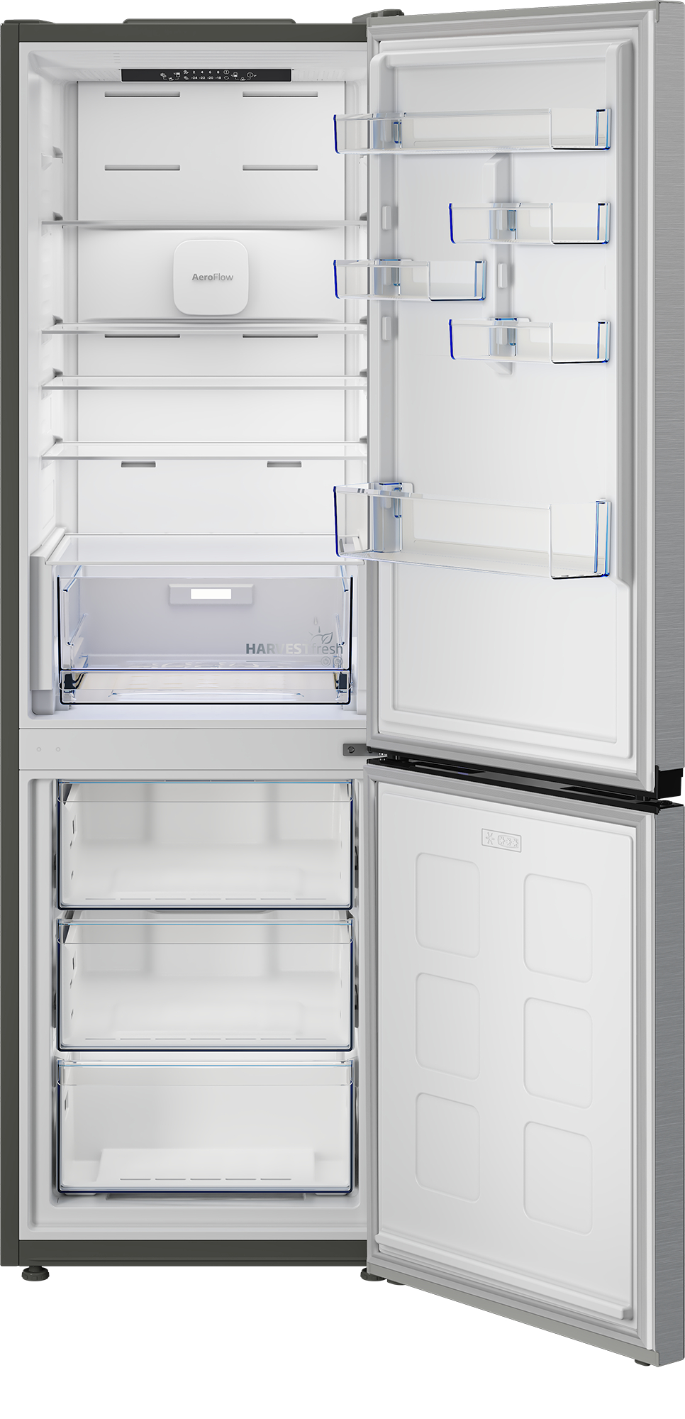 Ein leerer Kühlschrank mit offen stehender Tür und mehreren Regalen und Schubladen.