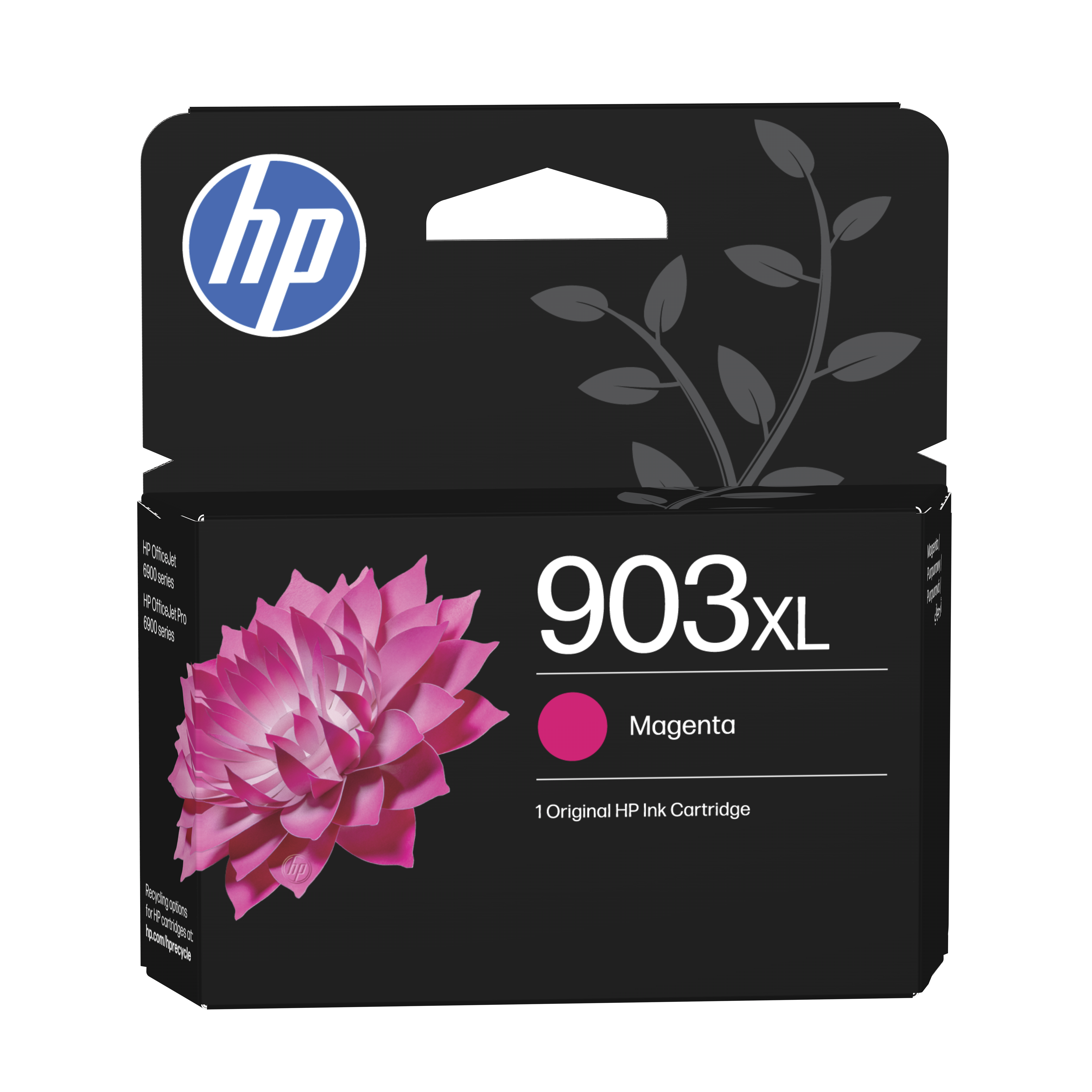 HP 903XL Magenta ink cartridge with pink flower and HP logo.