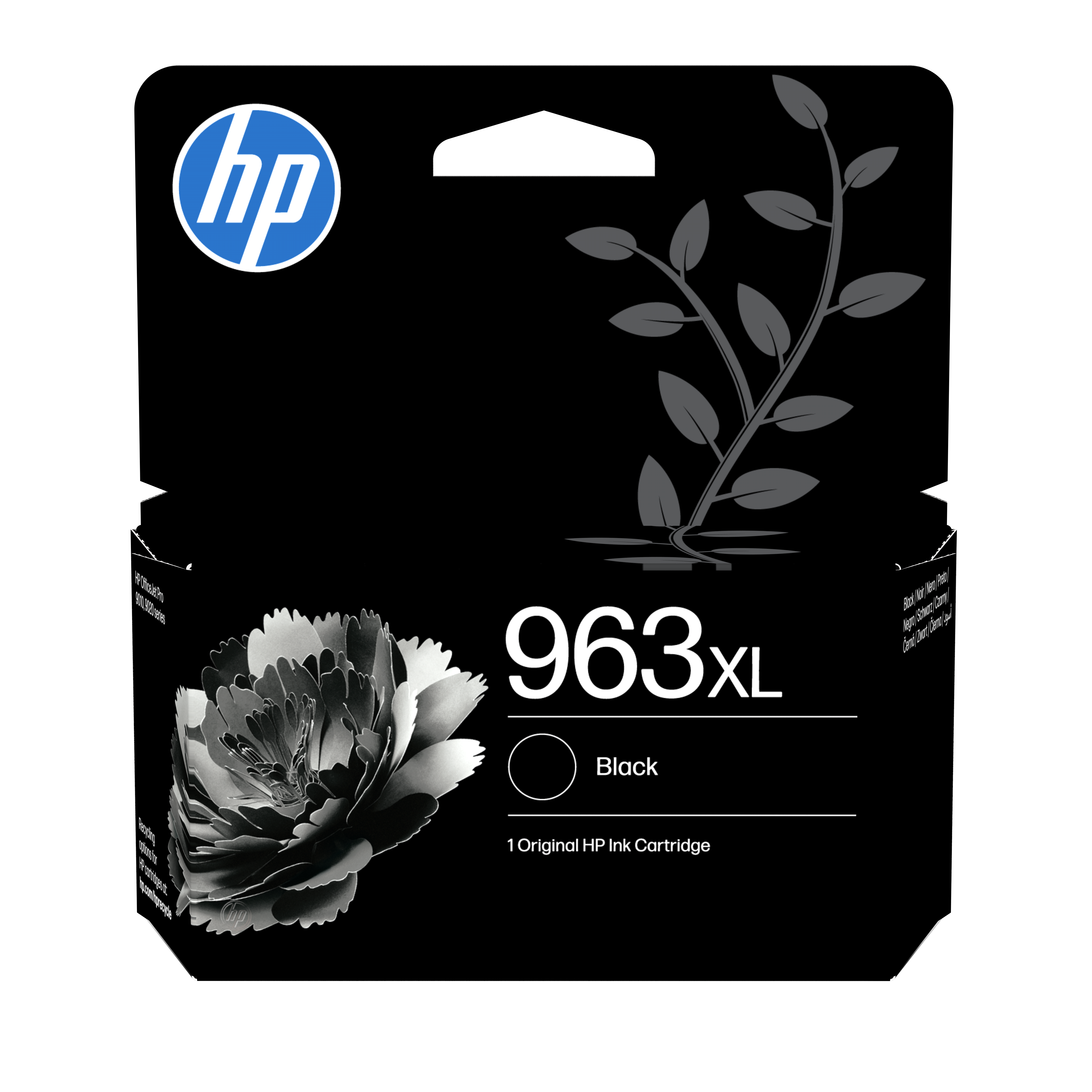 HP 963XL Black ink cartridge with floral design and HP logo.