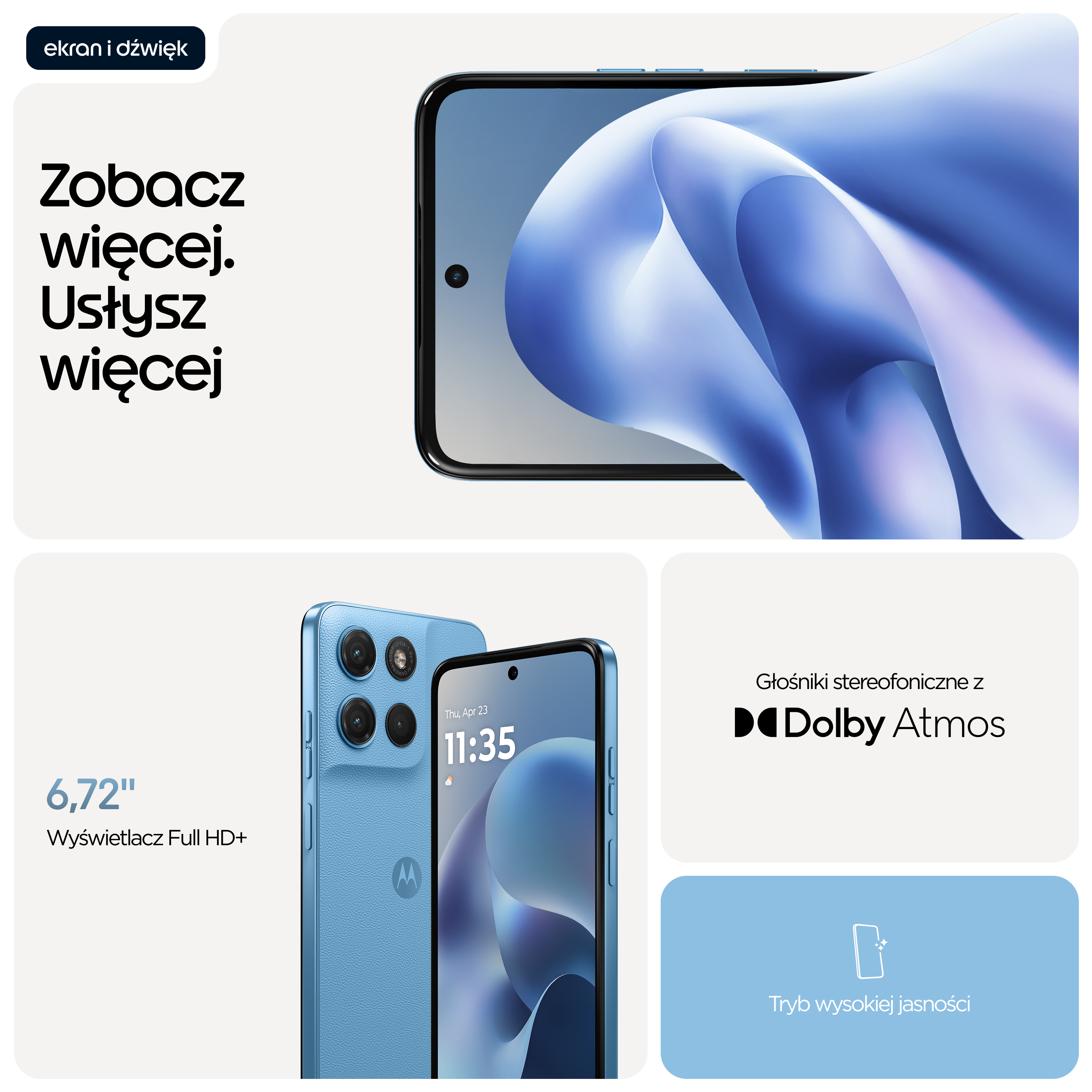 Pokazano niebieski smartfon z trzema aparatami i ekranem 6,72 cala.