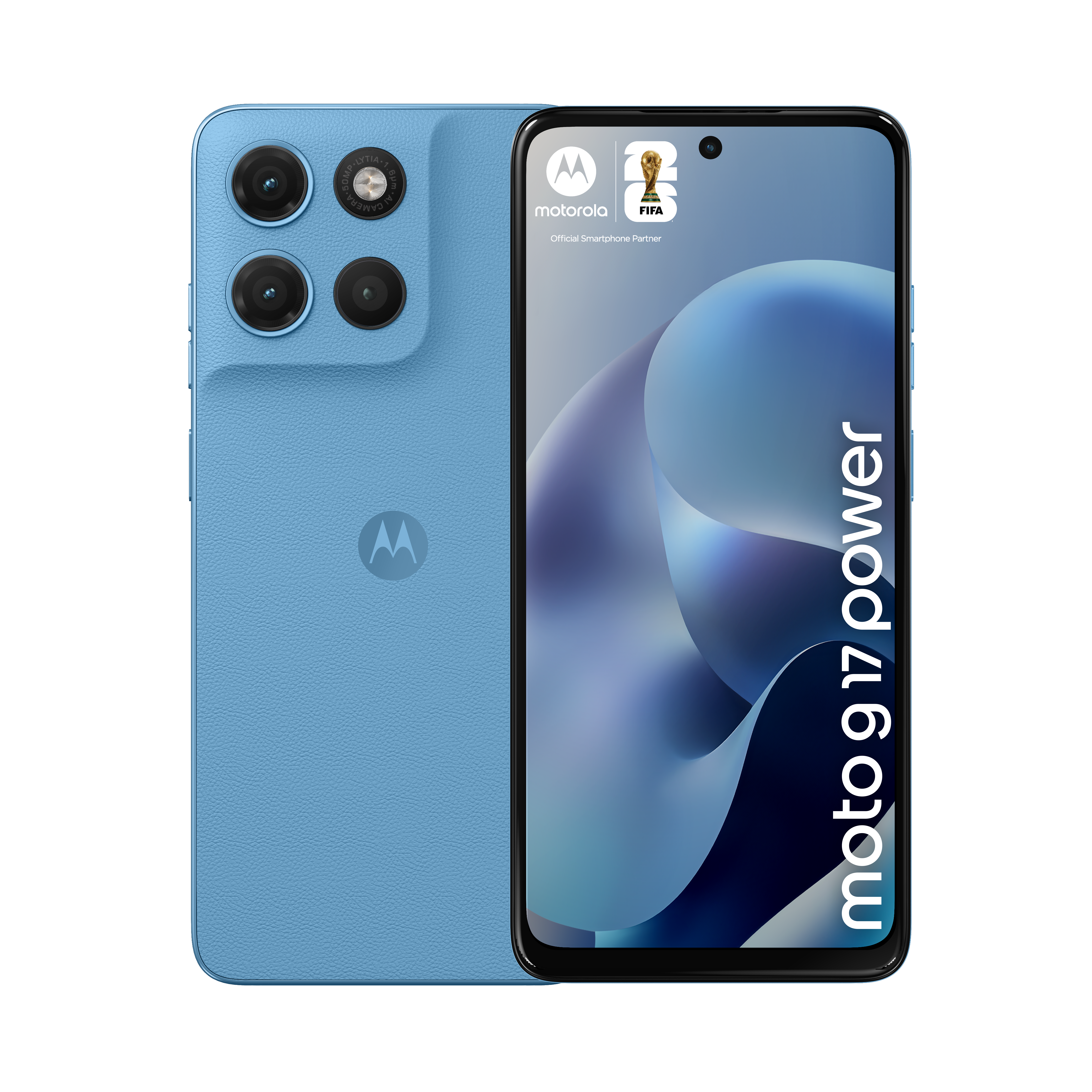 Niebieski smartfon Motorola z trzema aparatami i logo FIFA na ekranie.