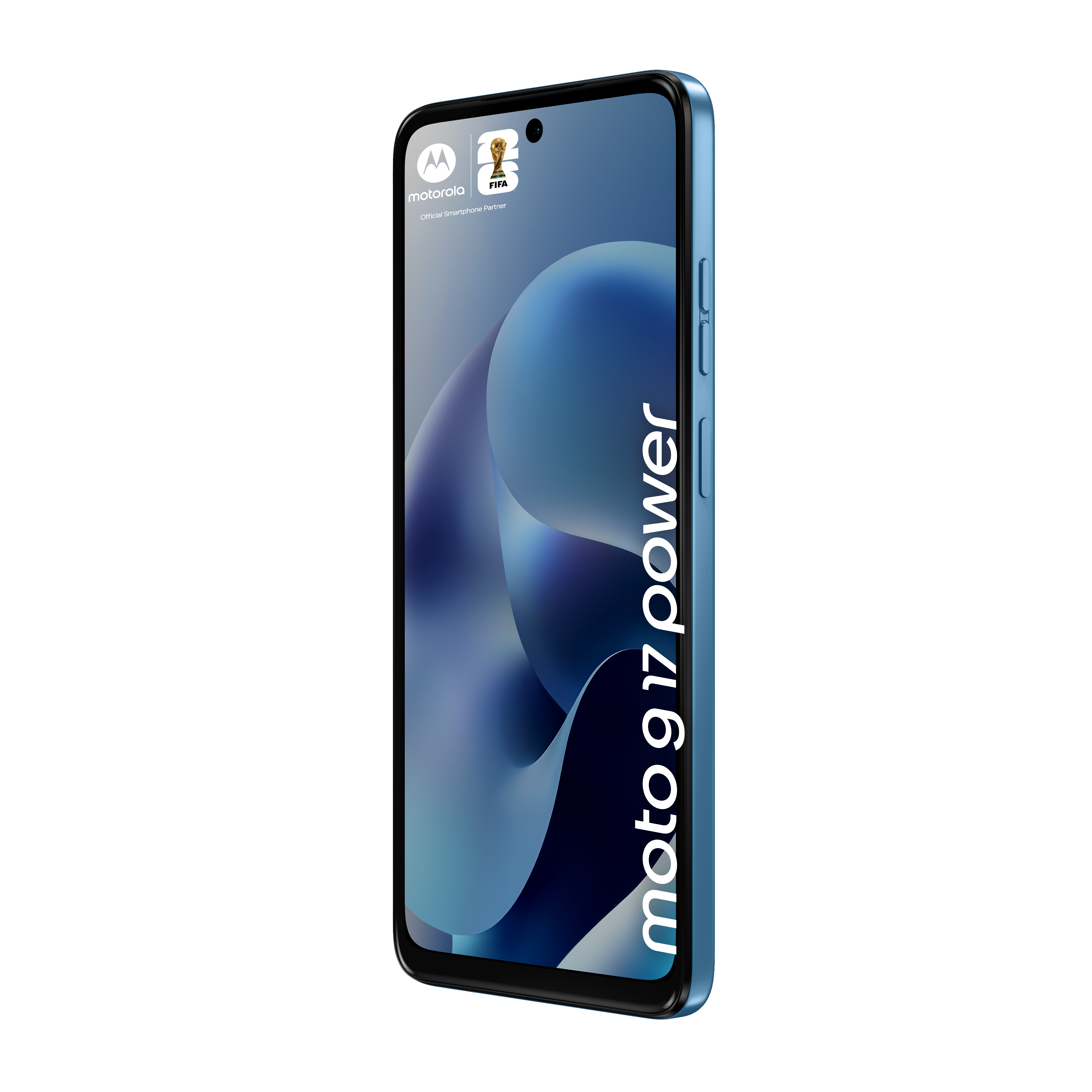 Niebieski smartfon Motorola z logo FIFA i napisem 'moto g 17 power'.