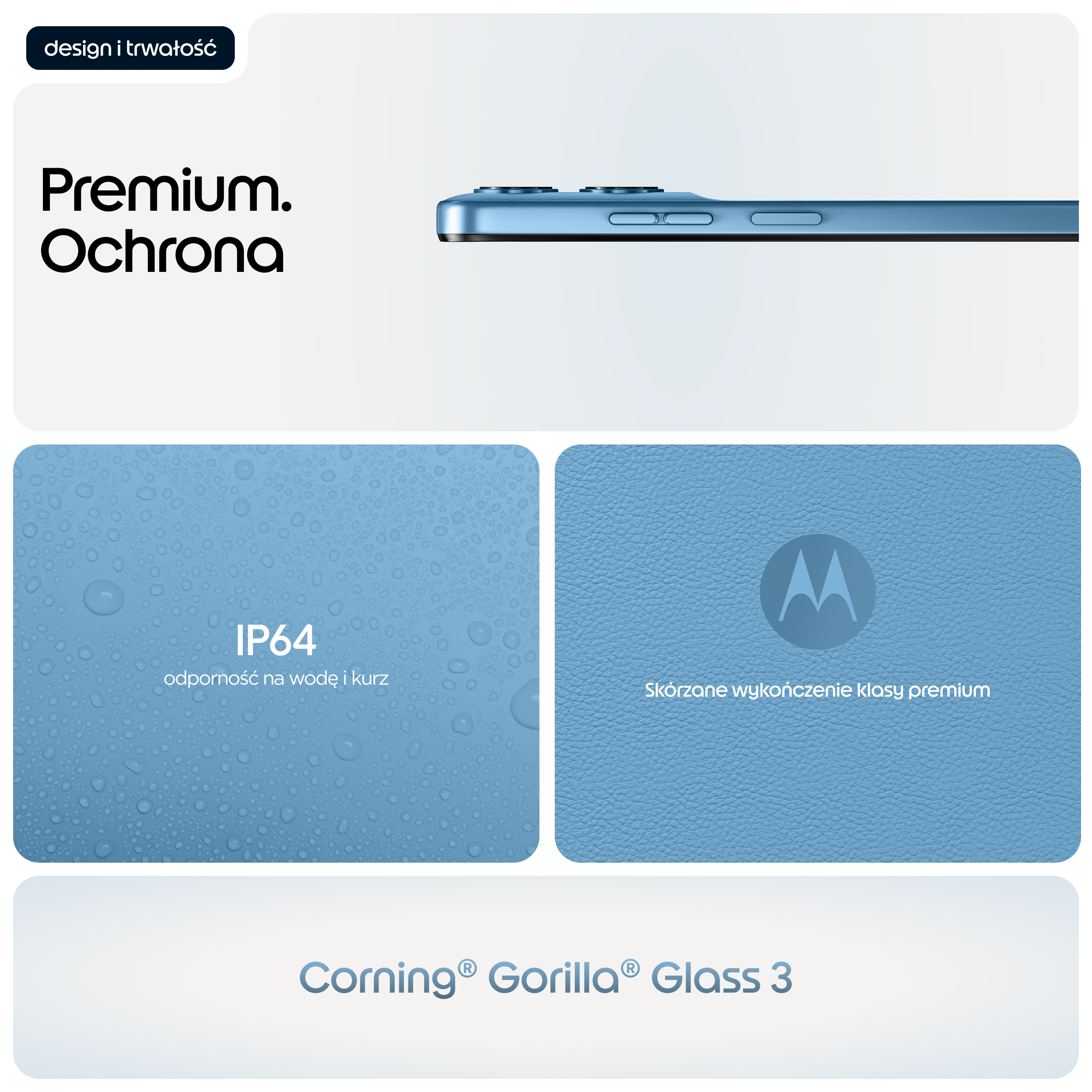 Niebieski telefon z ochroną IP64, skórzanym wykończeniem i Corning Gorilla Glass 3.