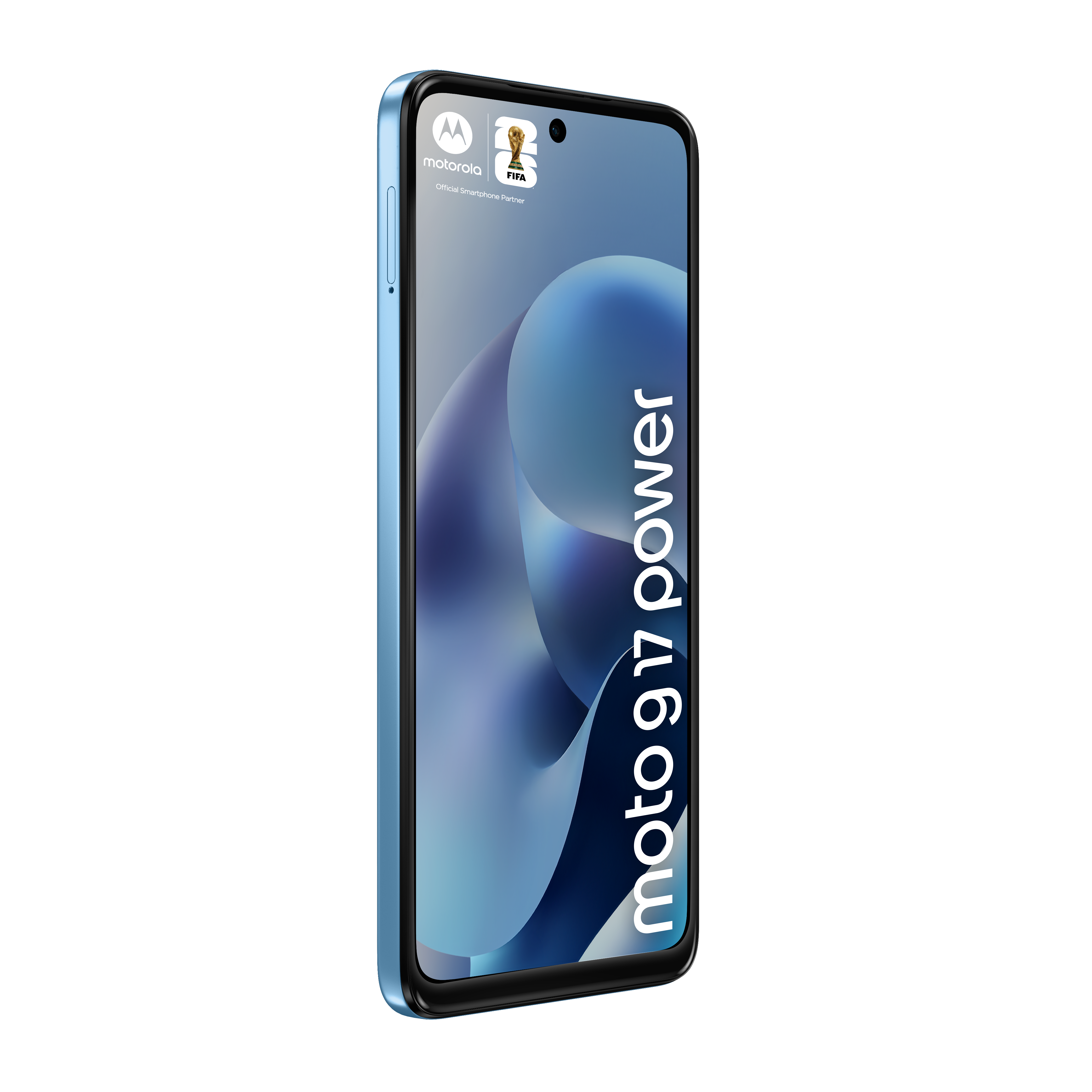 Niebieski smartfon Motorola Moto G Power z logo FIFA.